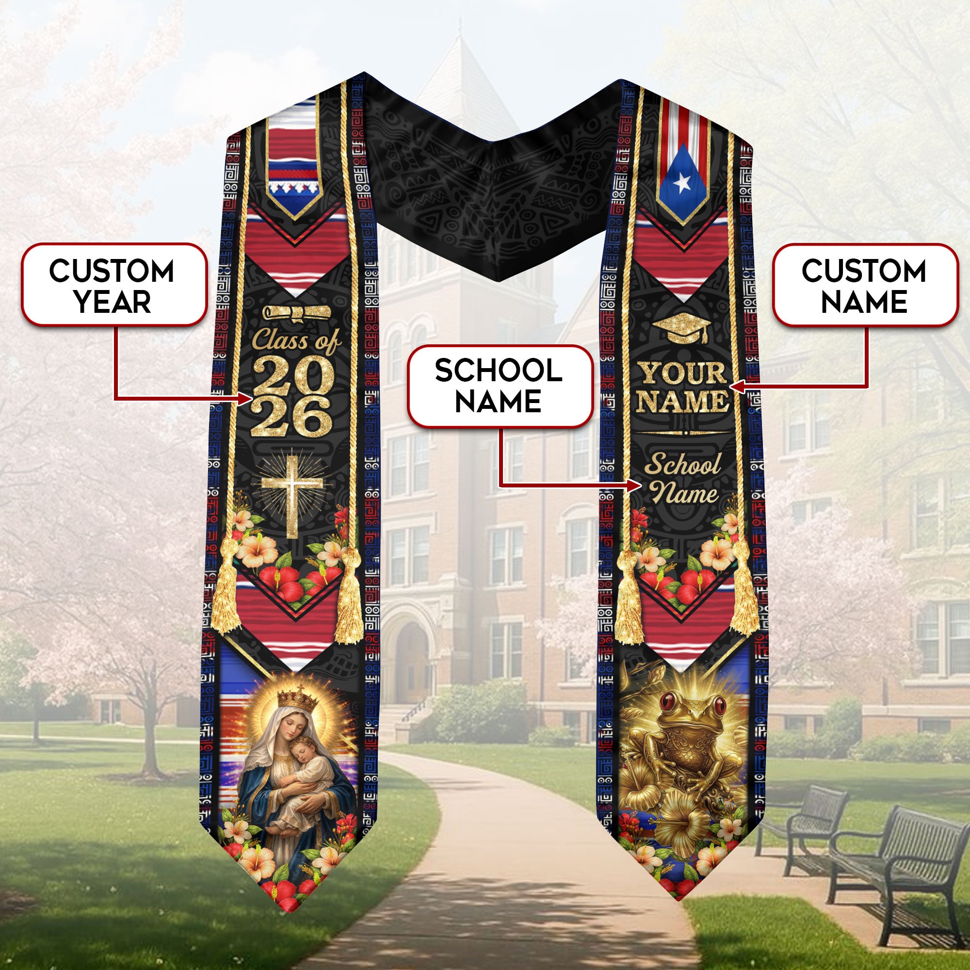 Custom Graduation Stole Class of 2026 Puerto Rico USA Virgin Mary Coqui Frog Personalized Name Sash