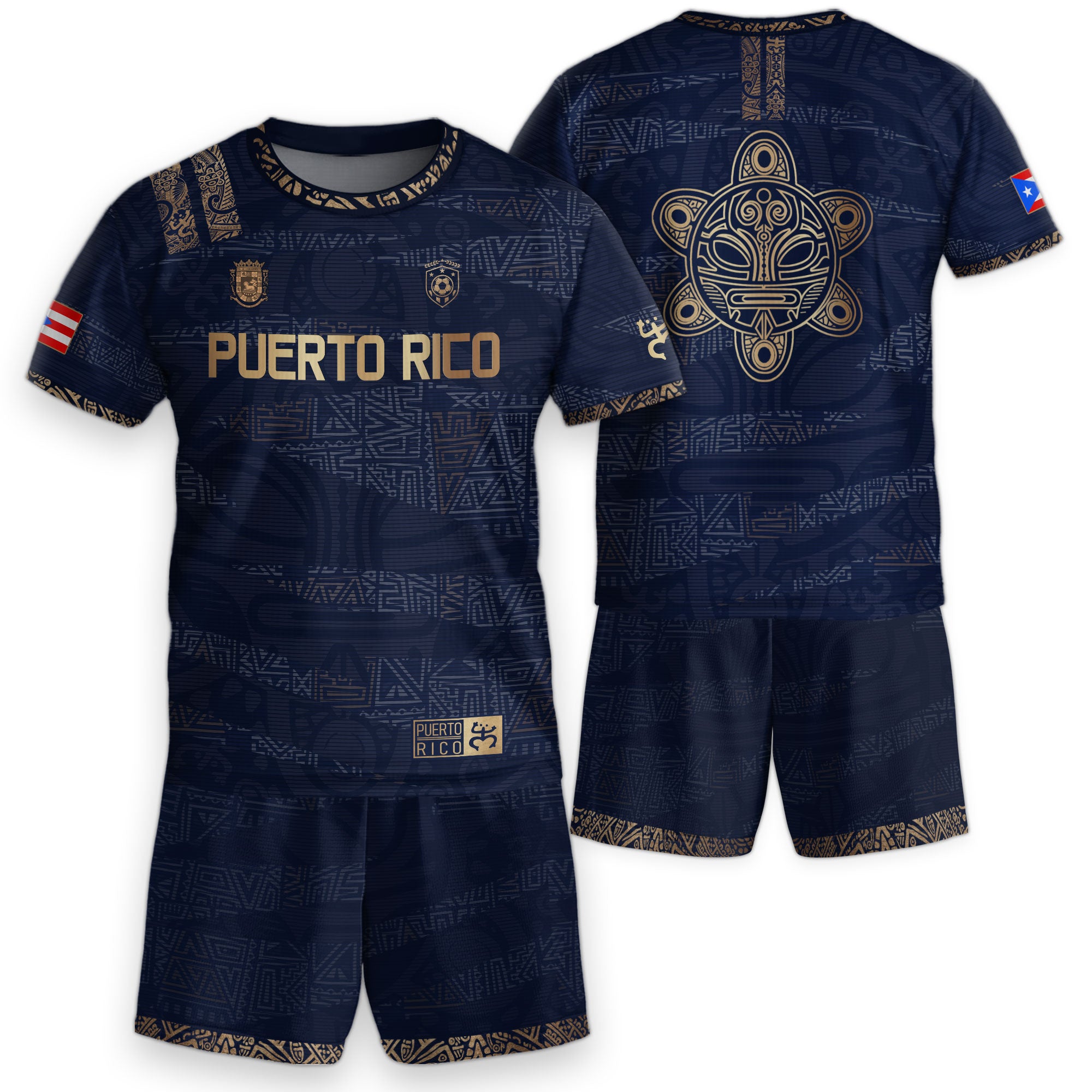 Camiseta de fútbol boricua de herencia nacional con diseño tribal taíno dorado azul marino para niños y jóvenes de Puerto Rico