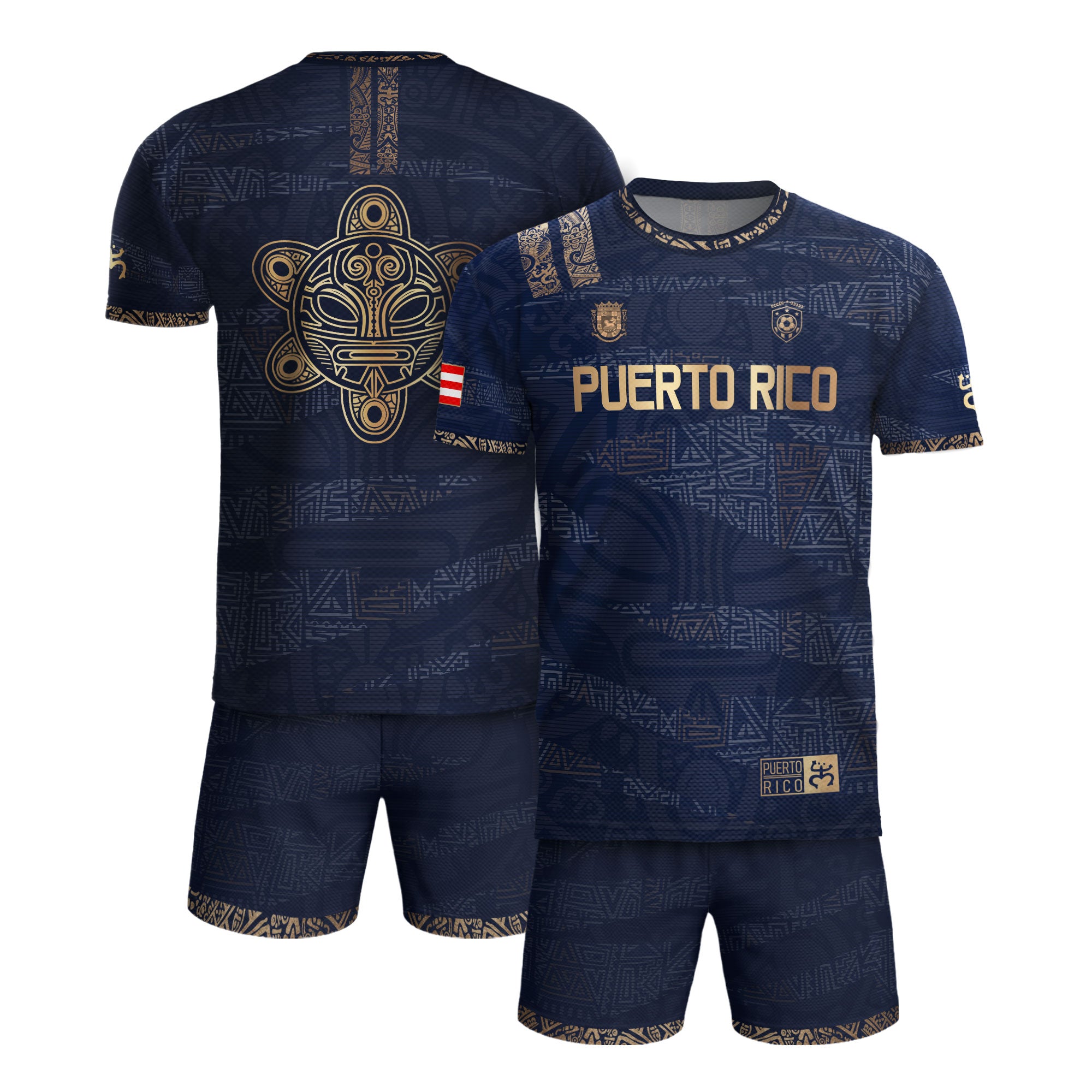 Puerto Rico Navy Gold Taino Tribal Pattern National Heritage Boricua Soccer Jersey