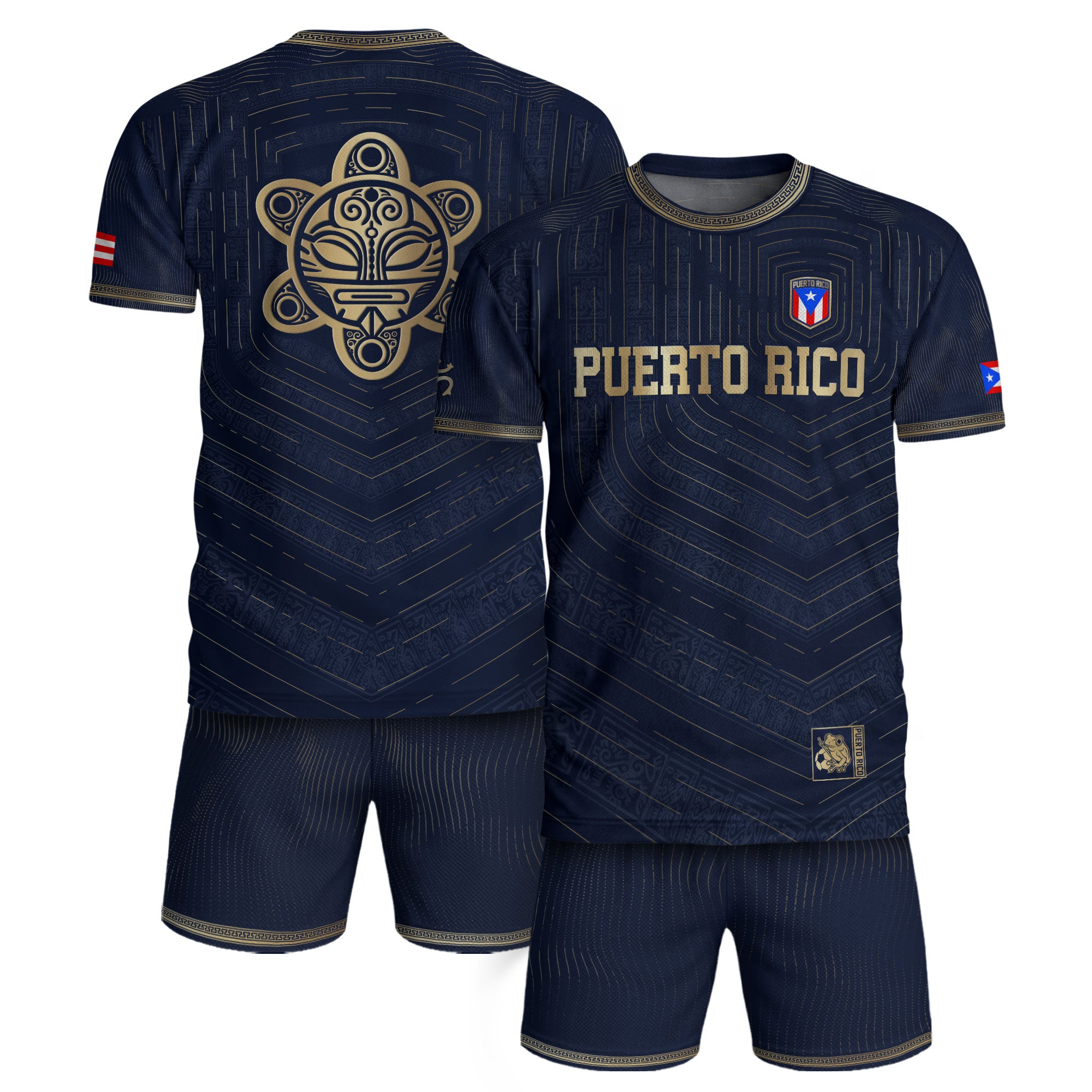 Puerto Rico Boricua Coqui Frog Taino Tribal National Soccer Jersey Navy Gold