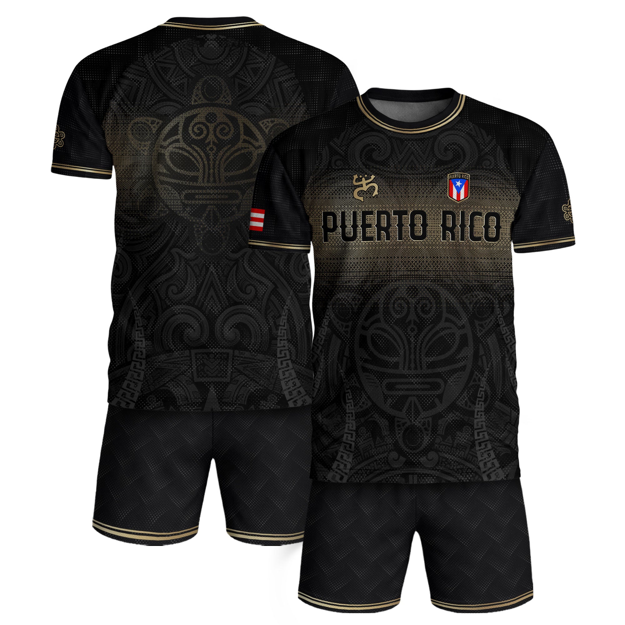 Puerto Rico Boricua Coqui Frog Taino Tribal National Soccer Jersey Black Gold