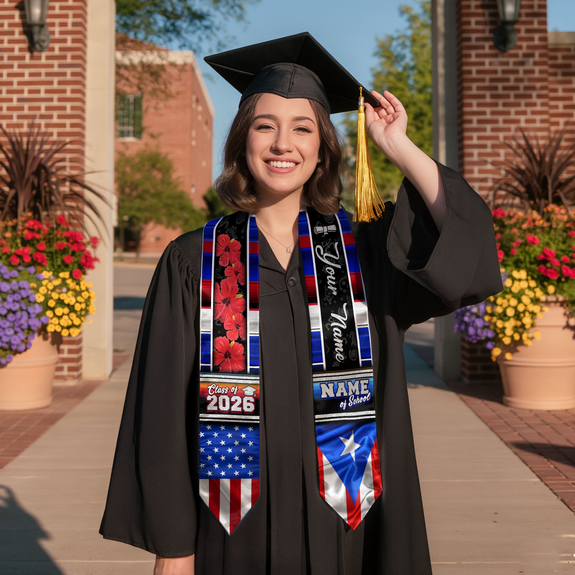 Personalized Puerto Rican Graduation Stole 2026 Custom Name USA Flag Boricua Sash