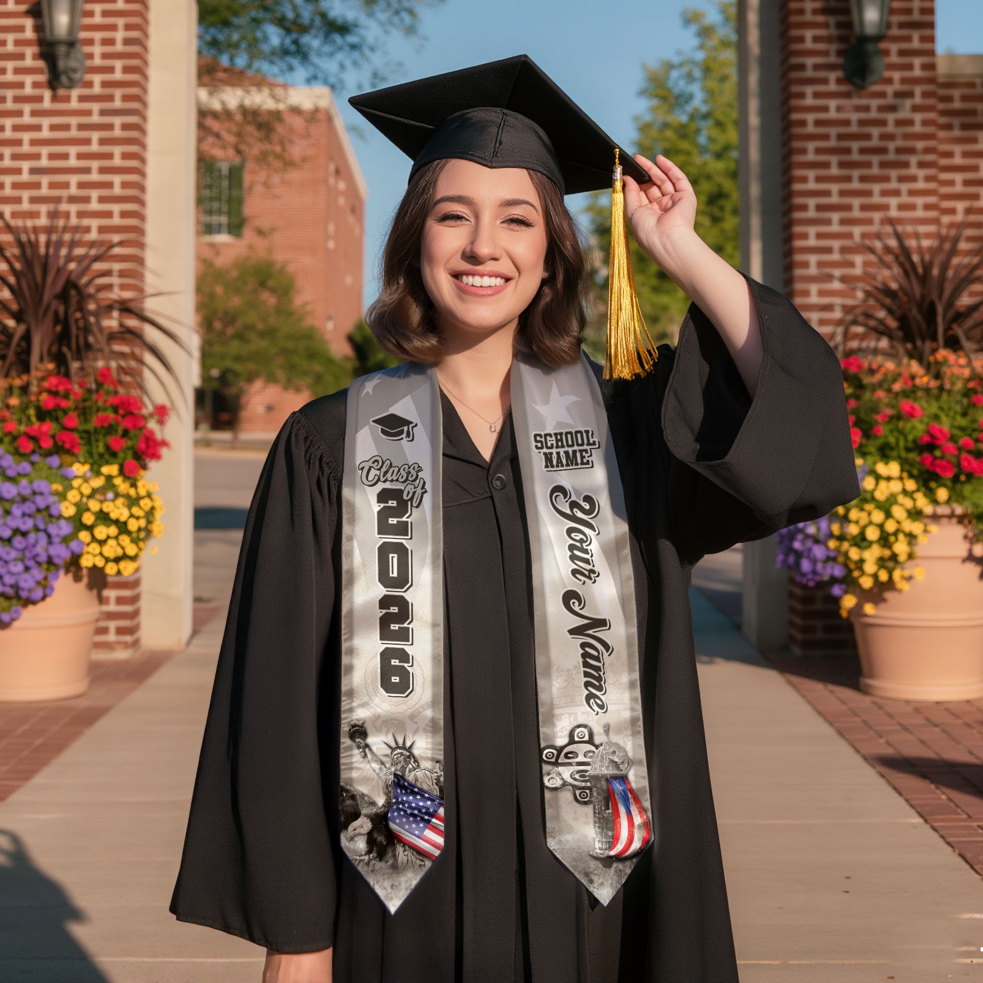 Puerto Rico Graduation Stole 2026 Statue of Liberty & Native Taino Mask Symbols Custom Sash