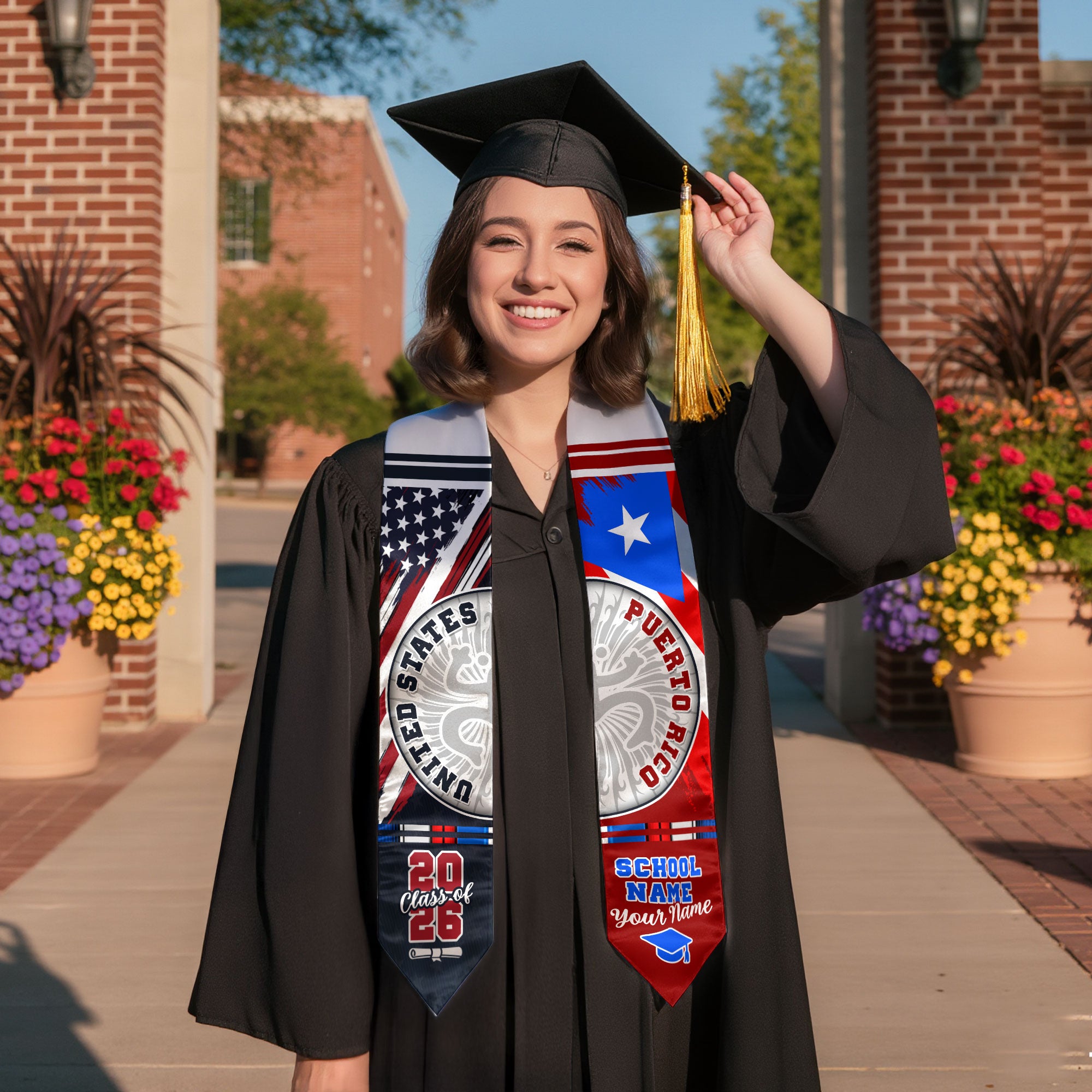 Puerto Rico Coat of Arms Heritage Graduation Sash Class of 2026 Custom USA Flag Stole
