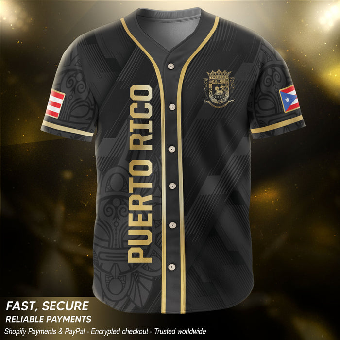Puerto Rico Baseball Jersey for Men and Women, Boricua Black Gold Tribal National Heritage, Puerto Rico Shirts for Bold Island Style, Northryn Co.