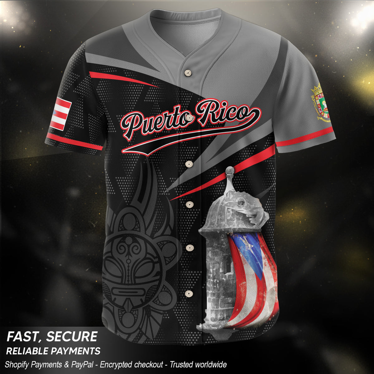 Puerto Rico Heritage Fortress Gray Black Tribal Graphic Boricua Baseball Jersey
