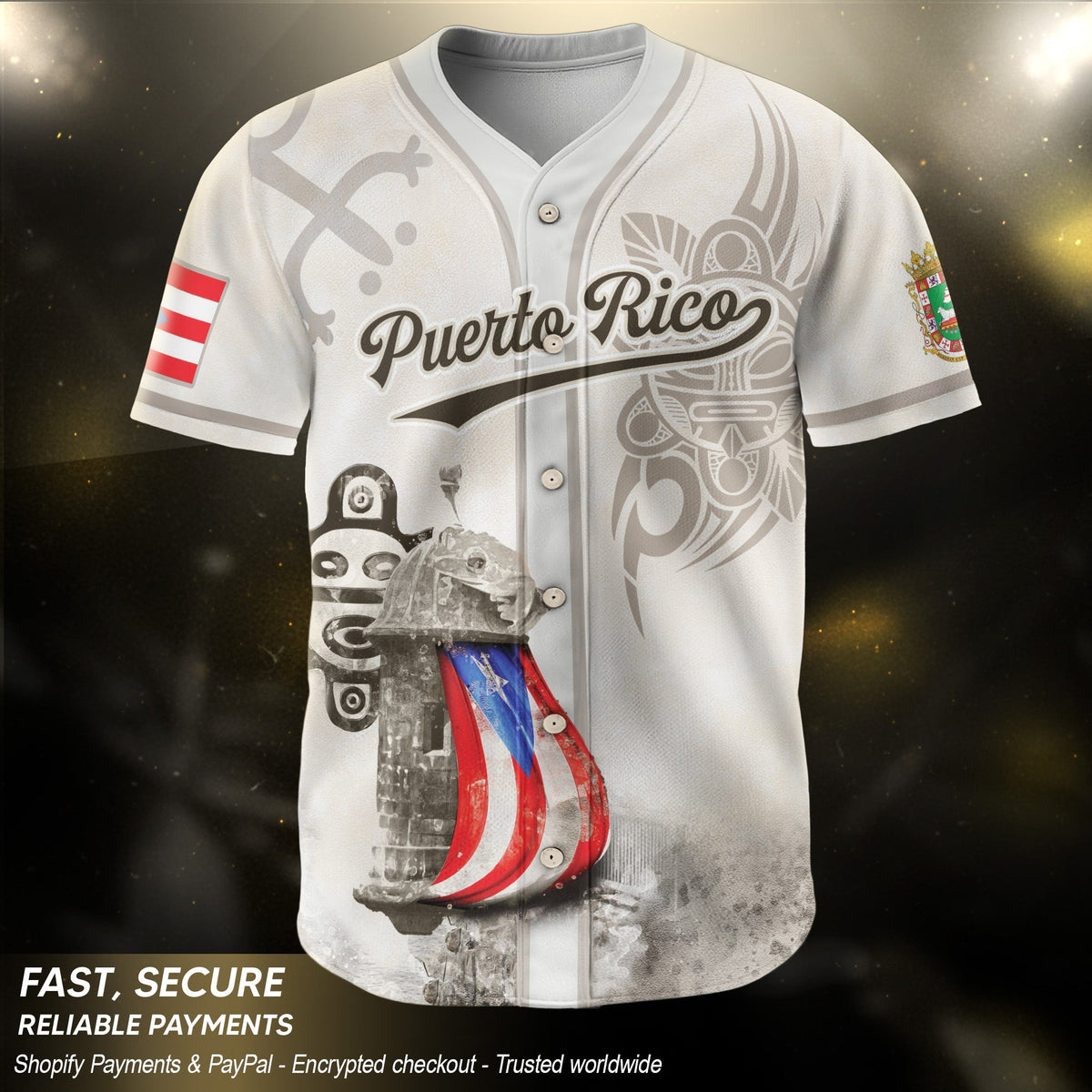 Puerto Rico Baseball Jersey in Heritage White for Men and Women, Beige Boricua Fortress Tribal Graphic, Bold Puerto Rico Shirts for Fans, Northryn Co.