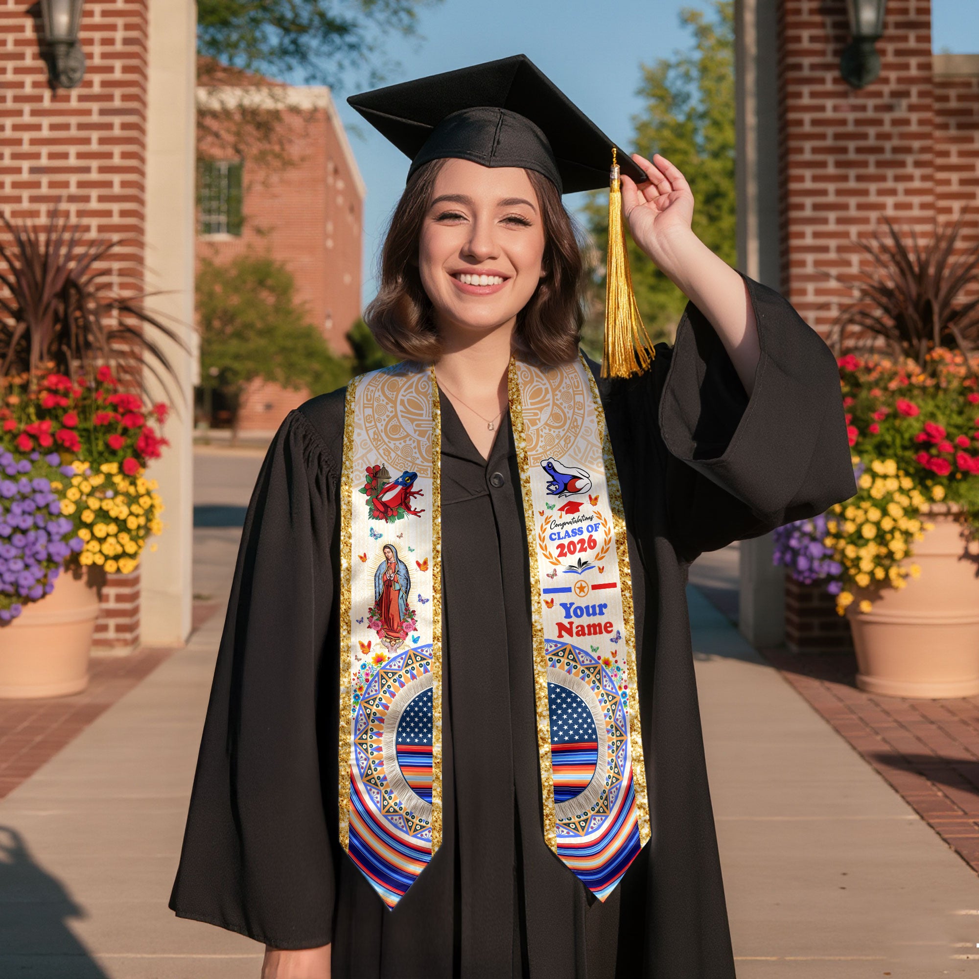 Puerto Rico Graduation Stole Custom Floral Virgin Mary Heritage Coqui Class of 2026 Sash
