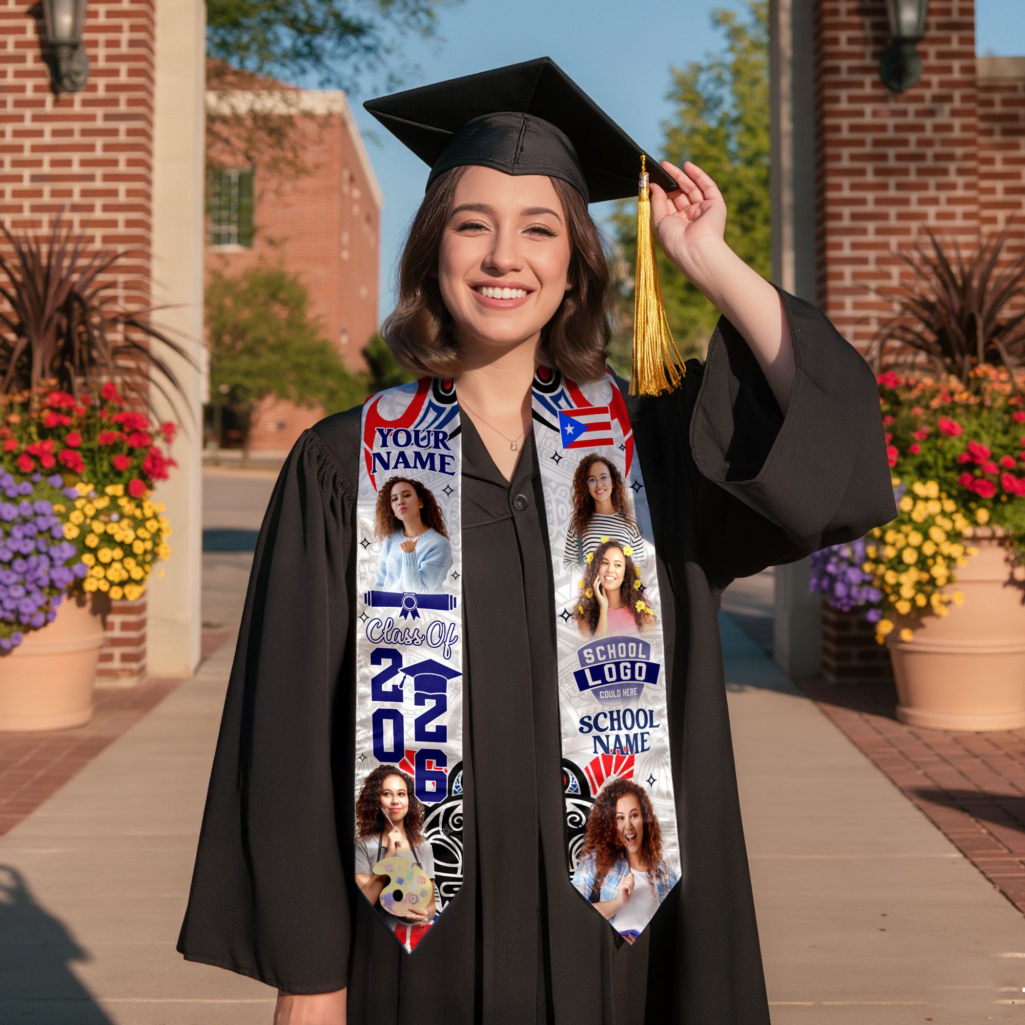 Custom Photo Name Puerto Rico Flag Taino Pattern Class of 2026 Graduation Stole