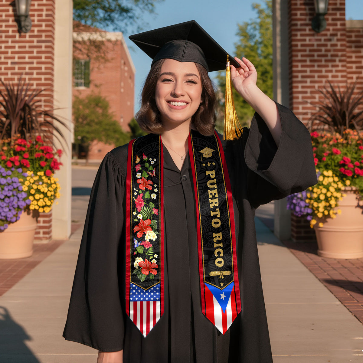 Puerto Rico USA Flag Hibiscus Floral Heritage Class of 2026 Graduation Sash Graduation Stole