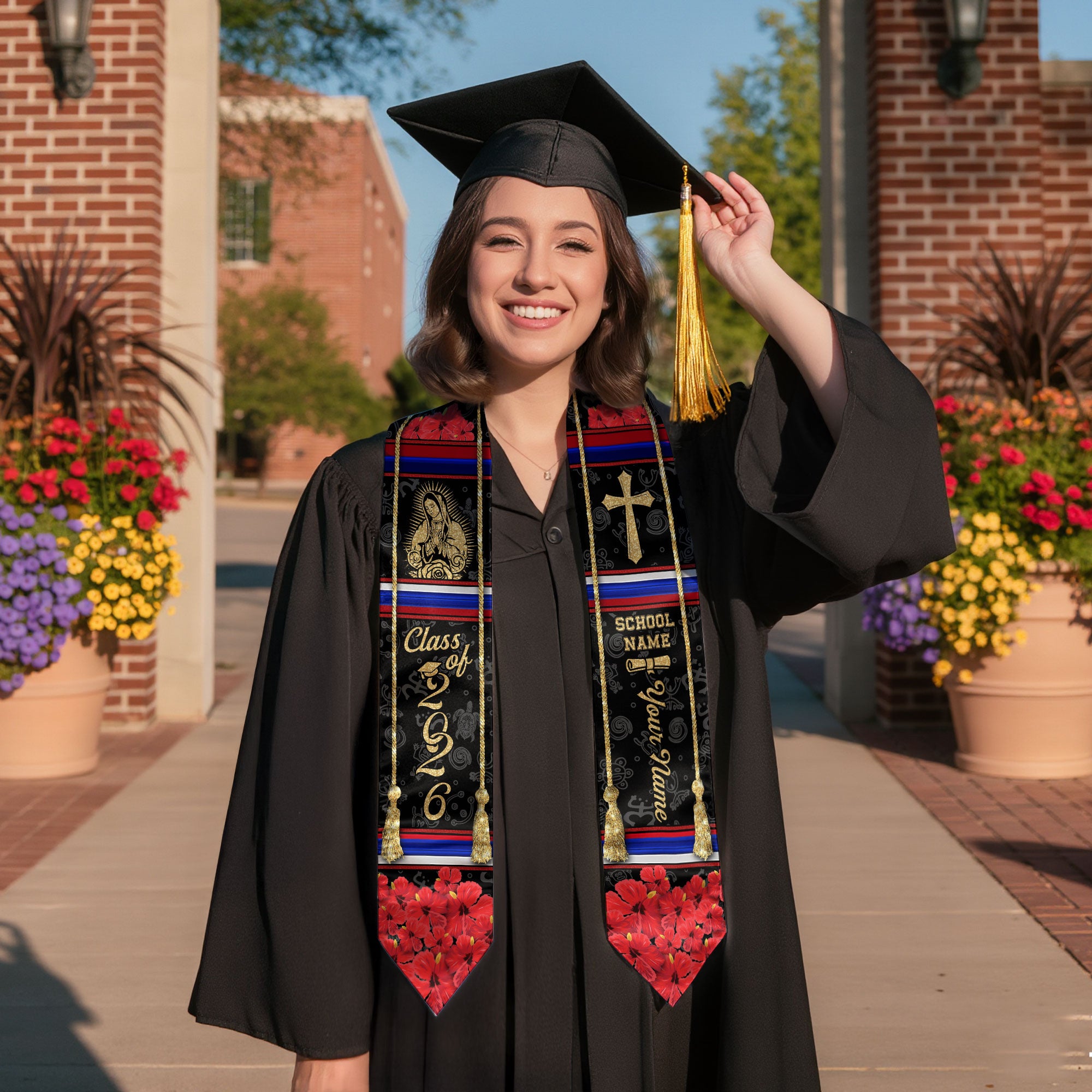 Puerto Rico Graduation Stole Virgin Mary & Cross Floral Class of 2026 Senior Sash