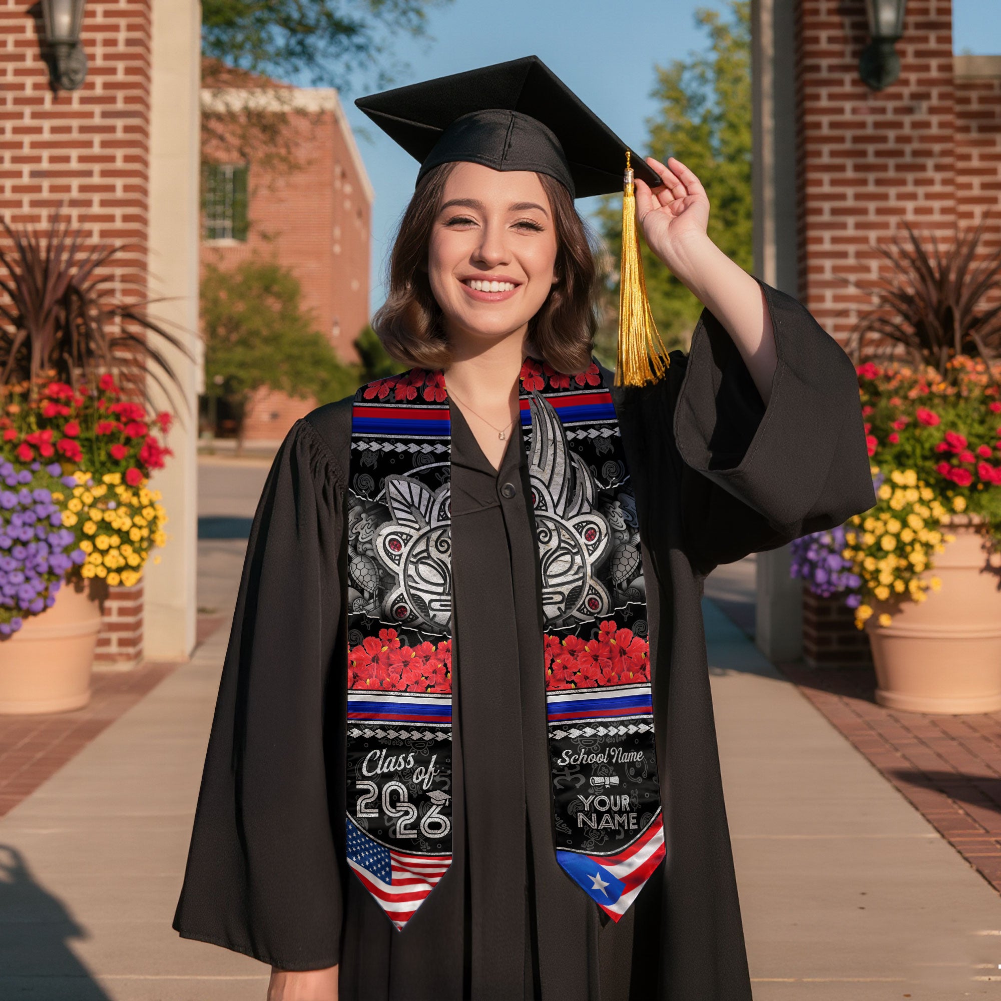 Custom Puerto Rico Graduation Stole Class of 2026 Hibiscus Flower Taino Art Flag Sash