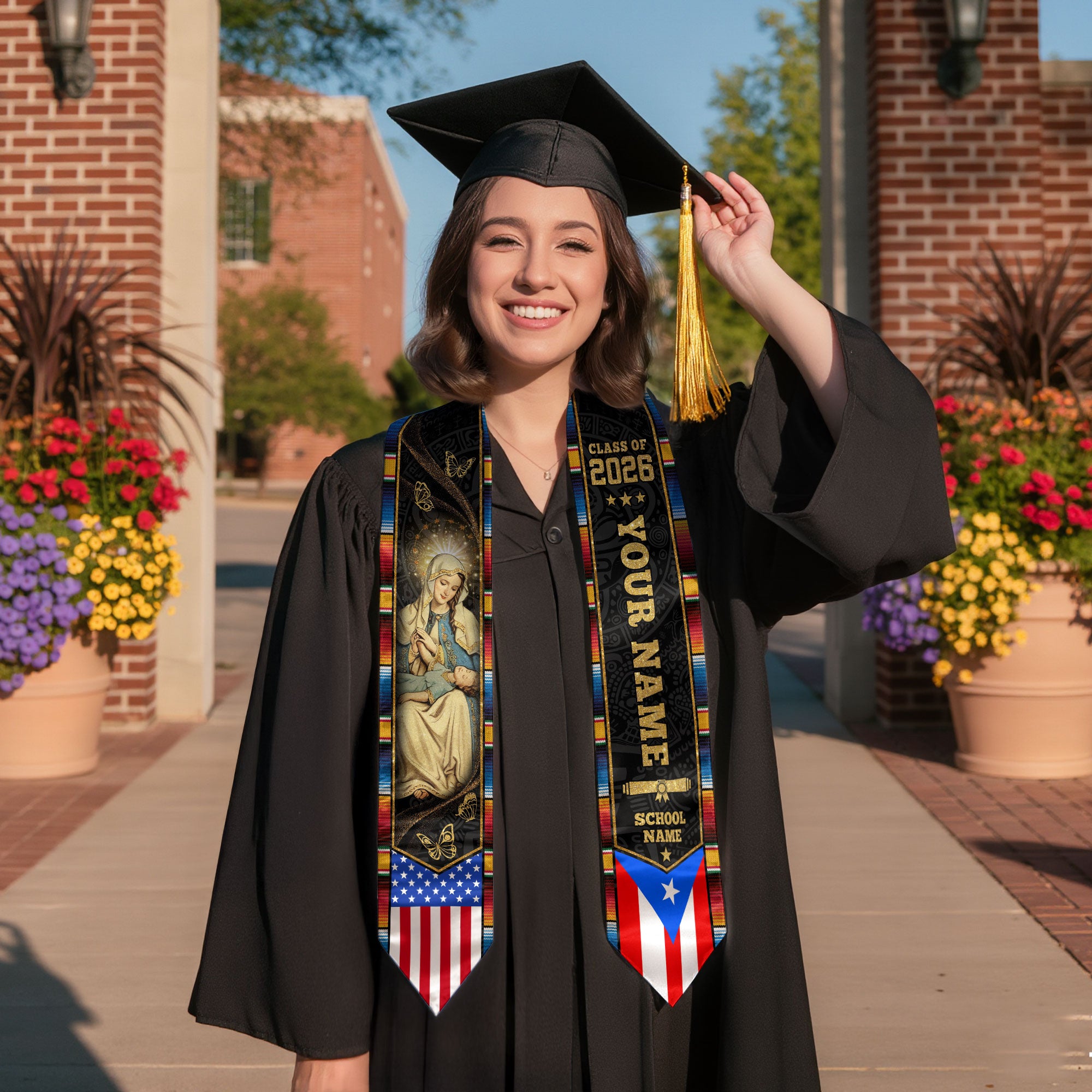 Custom Puerto Rico Graduation Stole 2026 Virgin Mary Butterfly USA Flag Graduation Sash