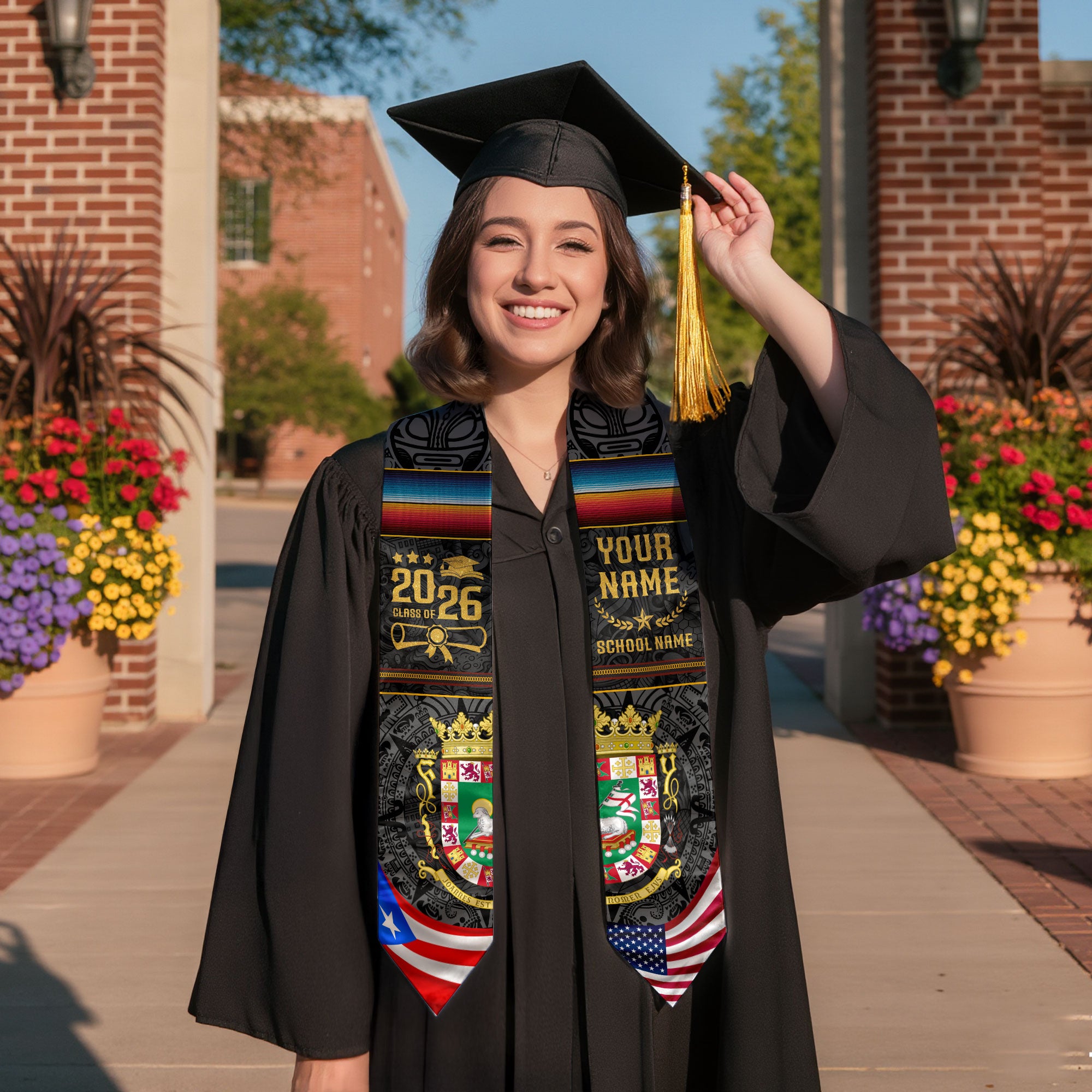 Custom Puerto Rico Graduation Stole 2026 Coat of Arms USA PR Flags Graduation Sash