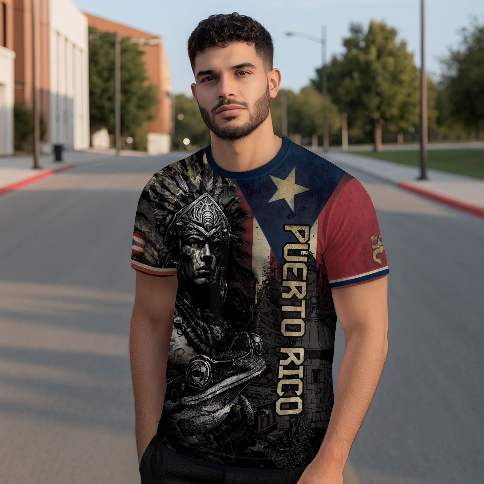 Puerto Rico Boricua Taino Warrior Coqui Frog Black Navy Red Gold National Heritage Shirt