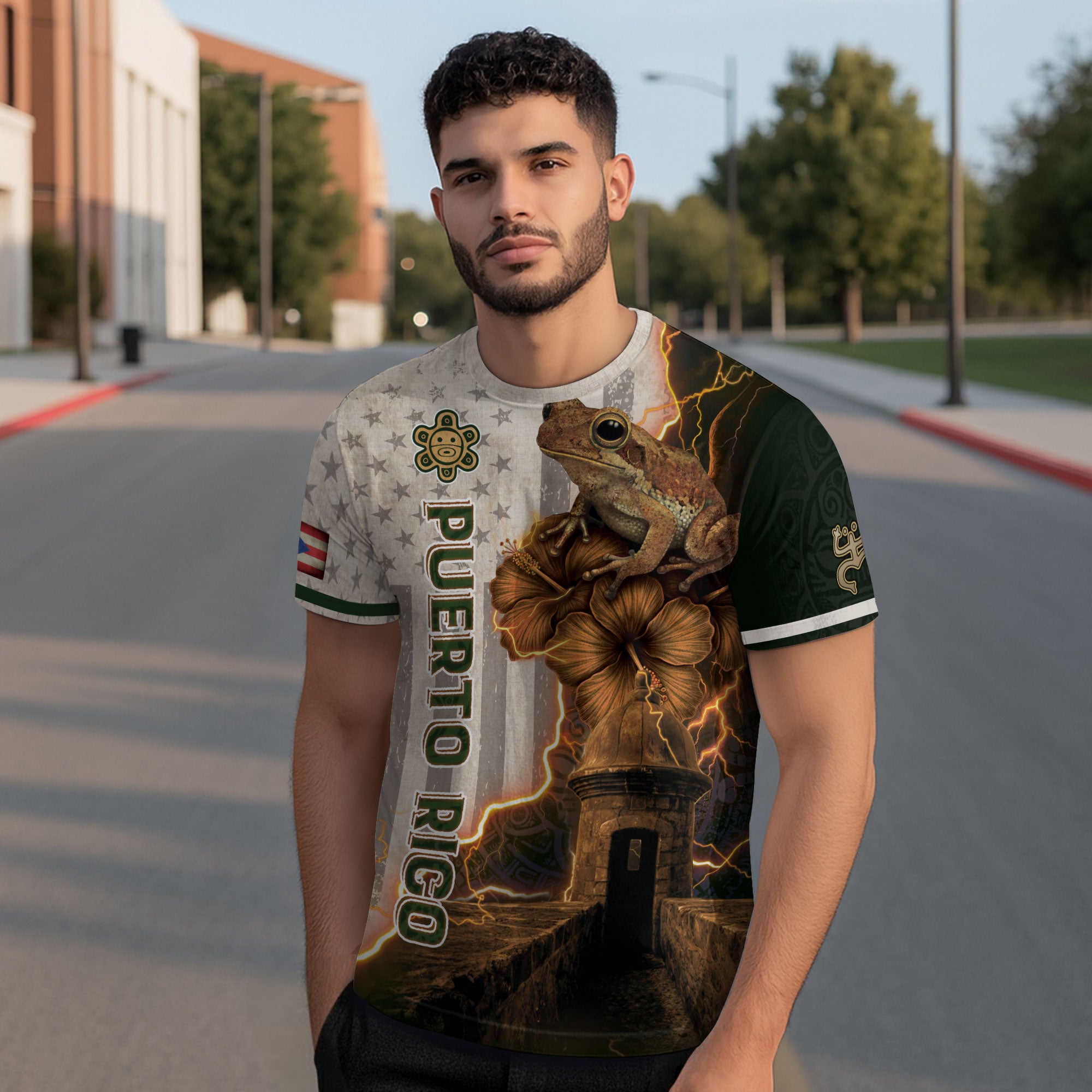 Puerto Rico Boricua Coqui Frog El Morro Lightning Beige Brown Green National Shirt