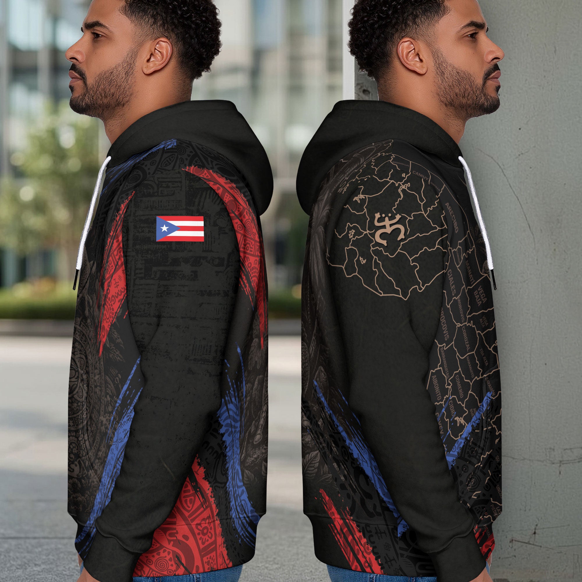 Puerto Rico Map Boricua Coqui Frog Taino Tribal Black Red Blue Heritage Hoodie