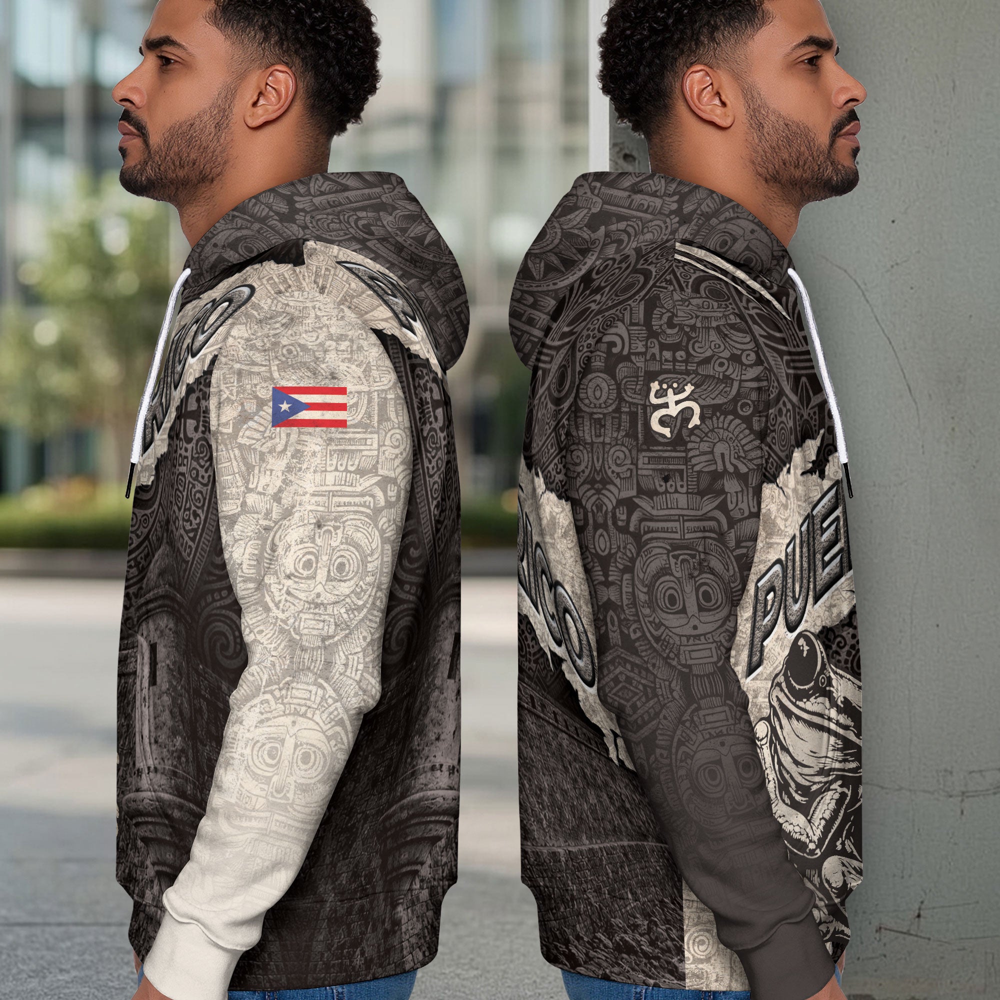 Puerto Rico Map Boricua Coqui Frog El Morro Taino Tribal Beige Gray Hoodie