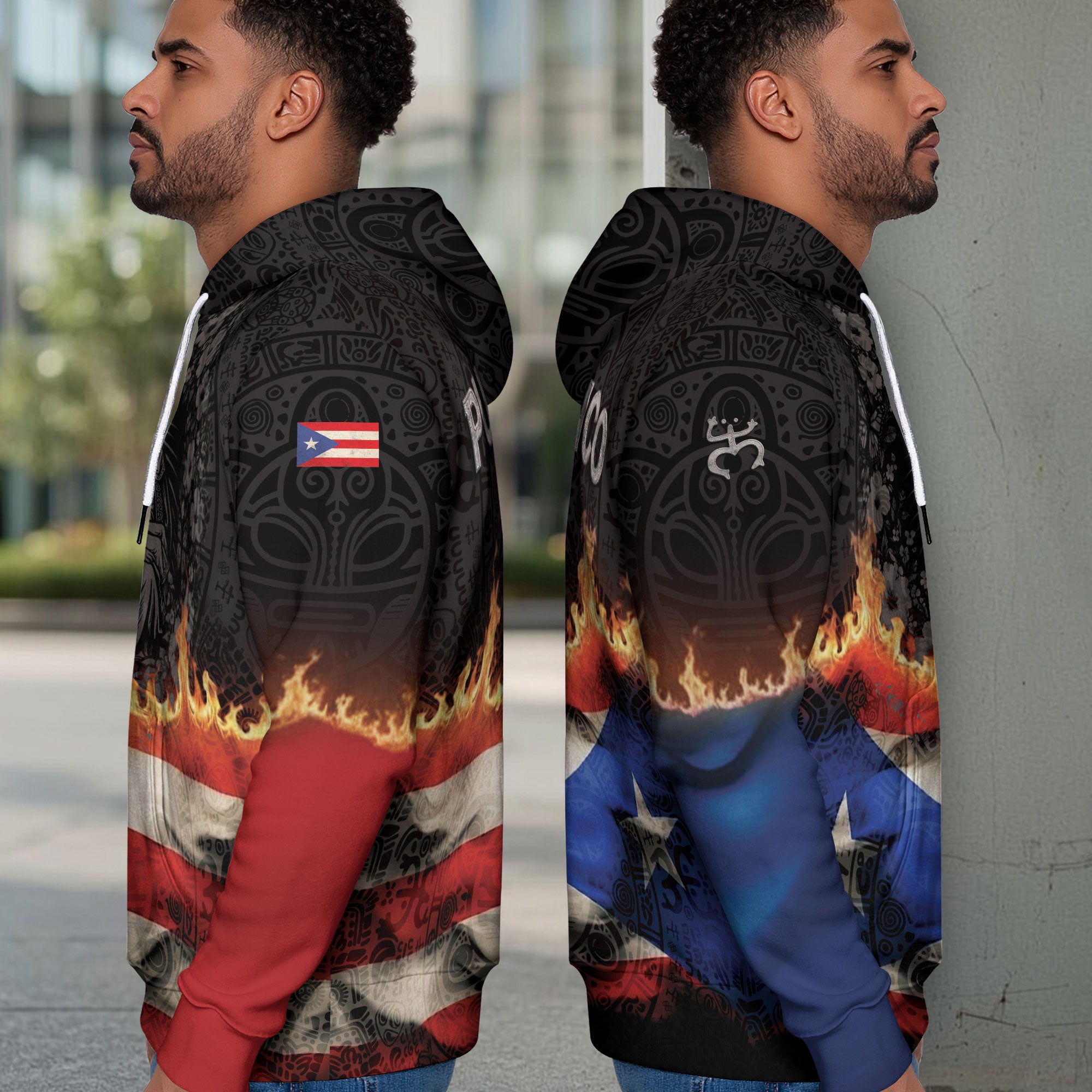 Puerto Rico Virgin Mary Catholic Flag Taino Tribal Boricua Black Red Blue Hoodie