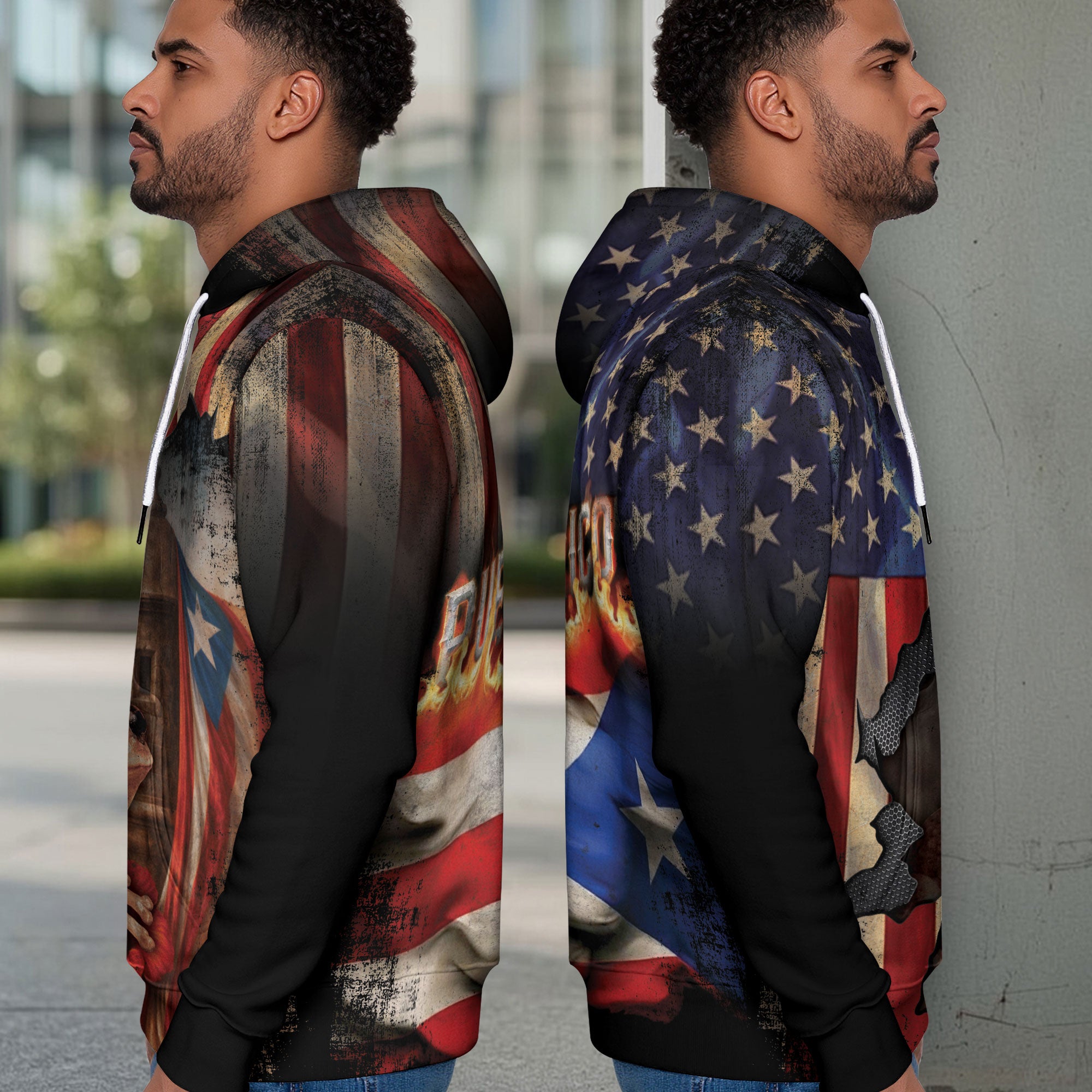 Puerto Rico USA Flag Boricua Coqui Frog El Morro Torn Black Red White Blue Hoodie