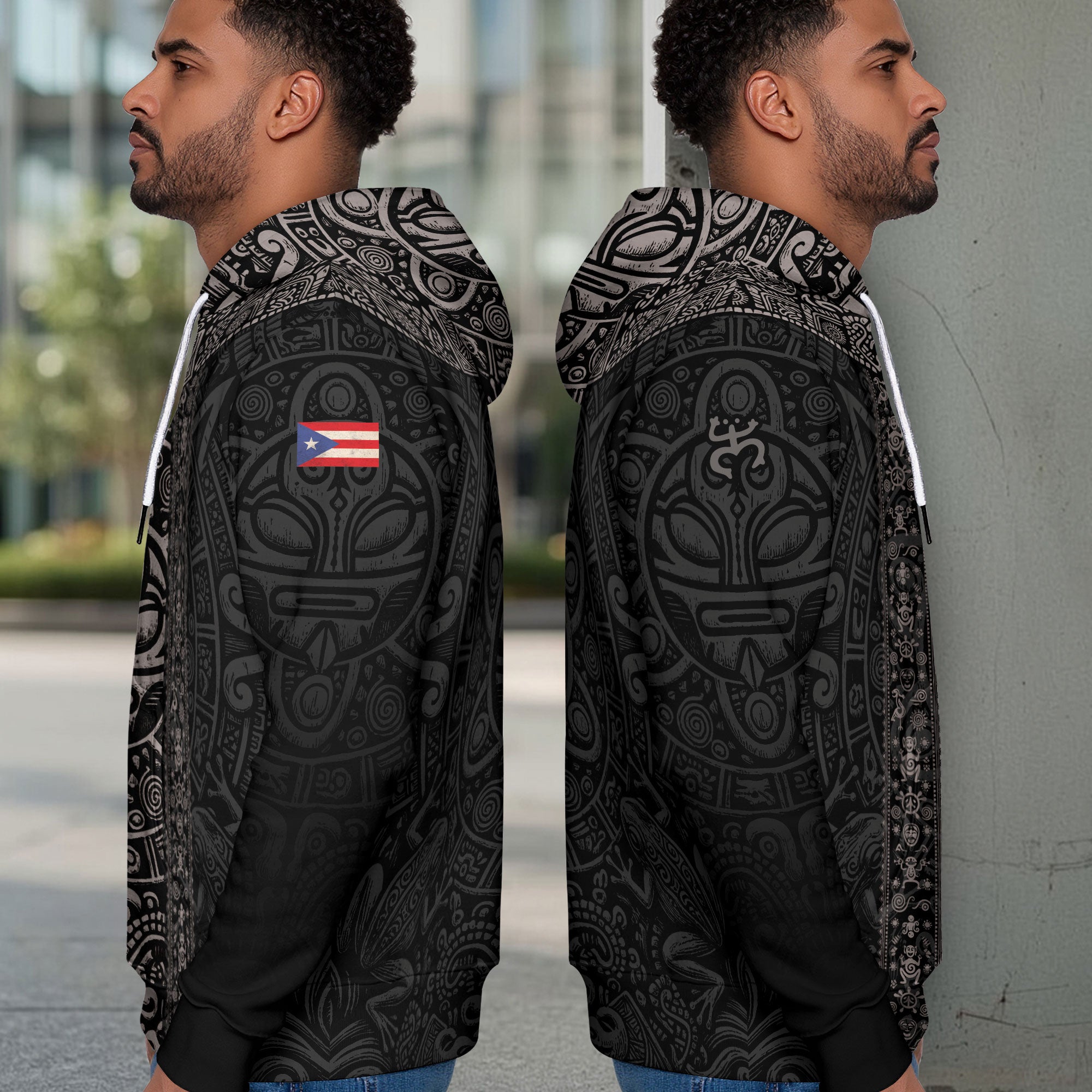 Puerto Rico Taino Tribal Mask Sun Heritage National Pride Black Boricua Hoodie