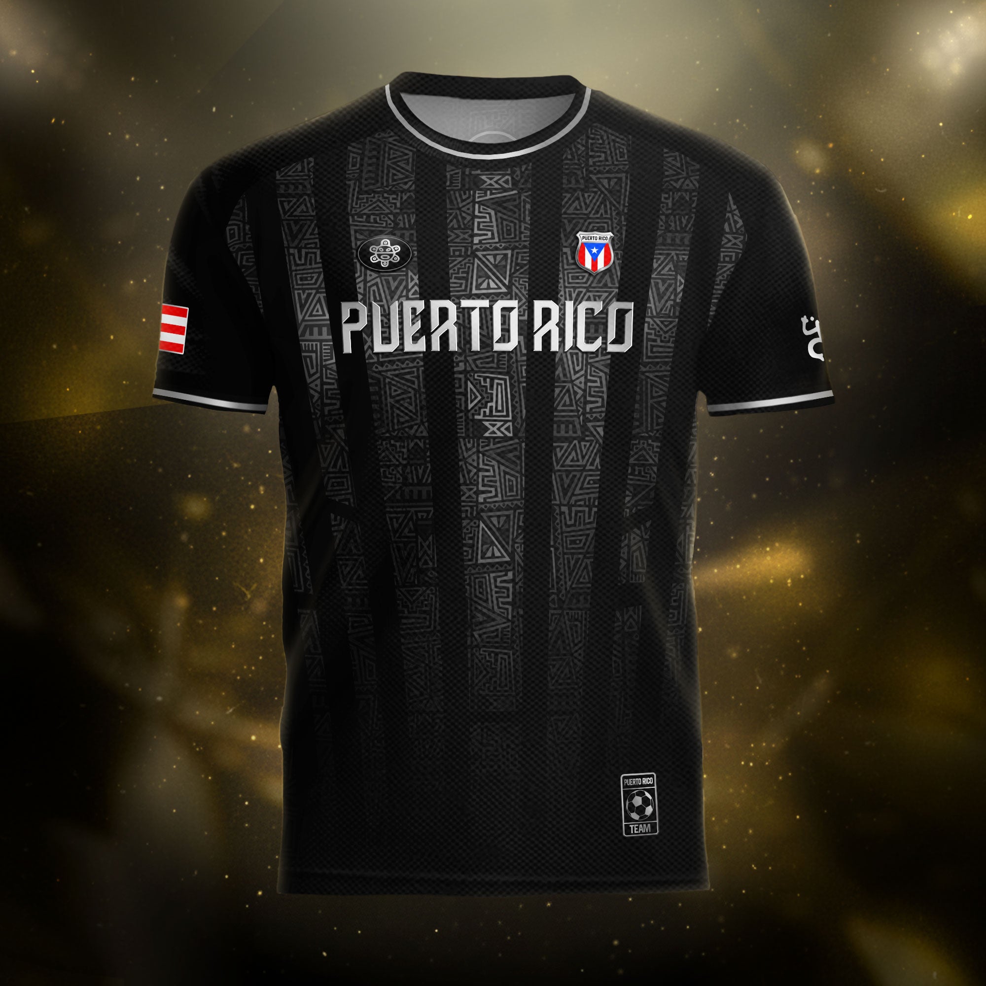 Camiseta de fútbol boricua con símbolo tribal negro y plateado de Puerto Rico