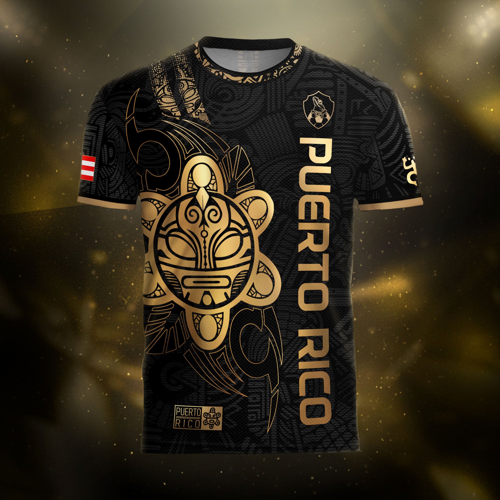 Camiseta de fútbol Puerto Rico Black Gold Side Taino Sun National Heritage Boricua Pride