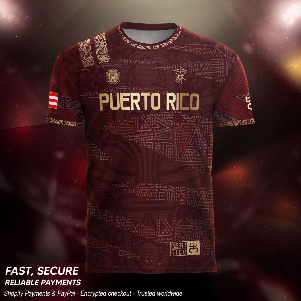 Camiseta de fútbol boricua de la herencia nacional con patrón tribal taíno dorado granate de Puerto Rico