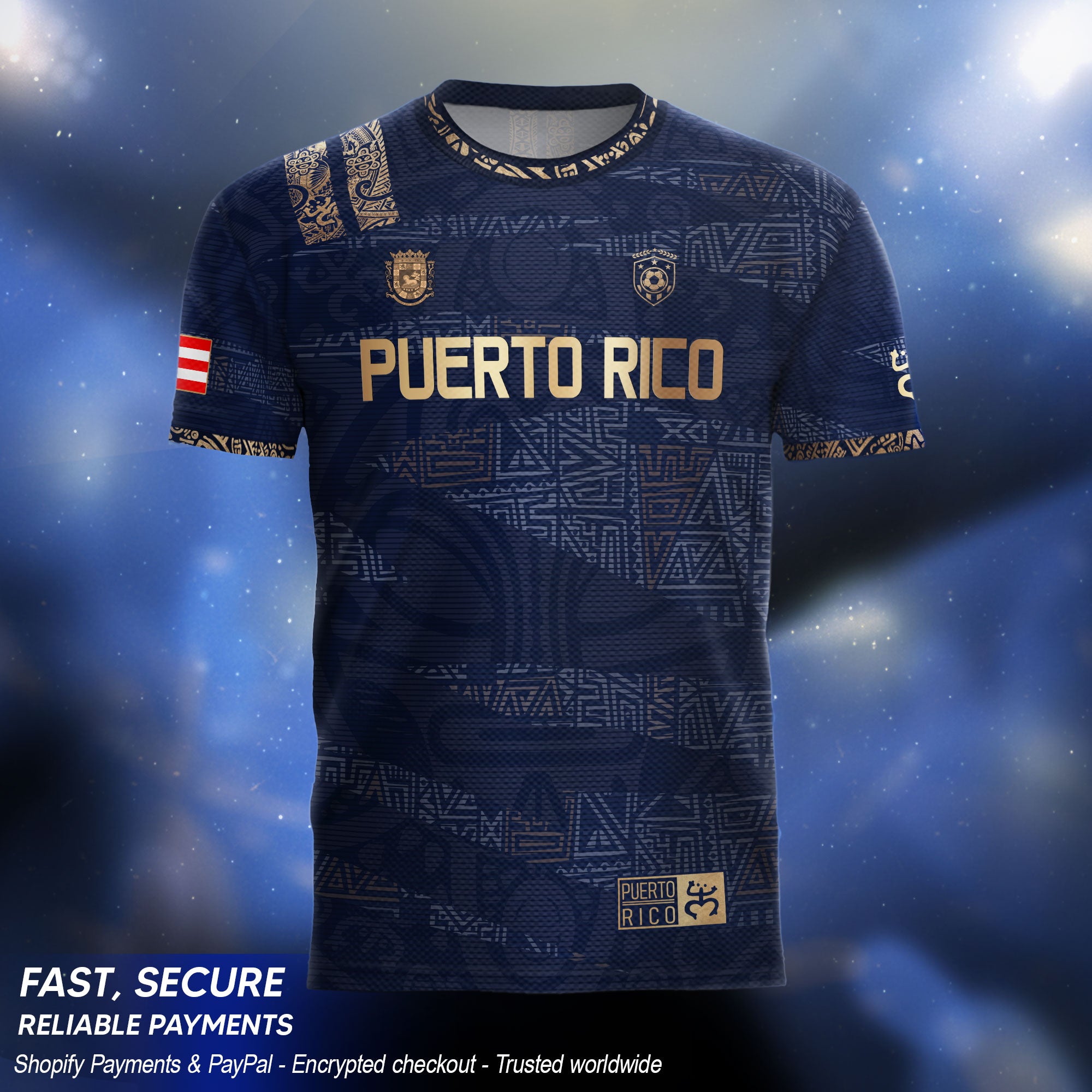 Puerto Rico Navy Gold Taino Tribal Pattern National Heritage Boricua Soccer Jersey