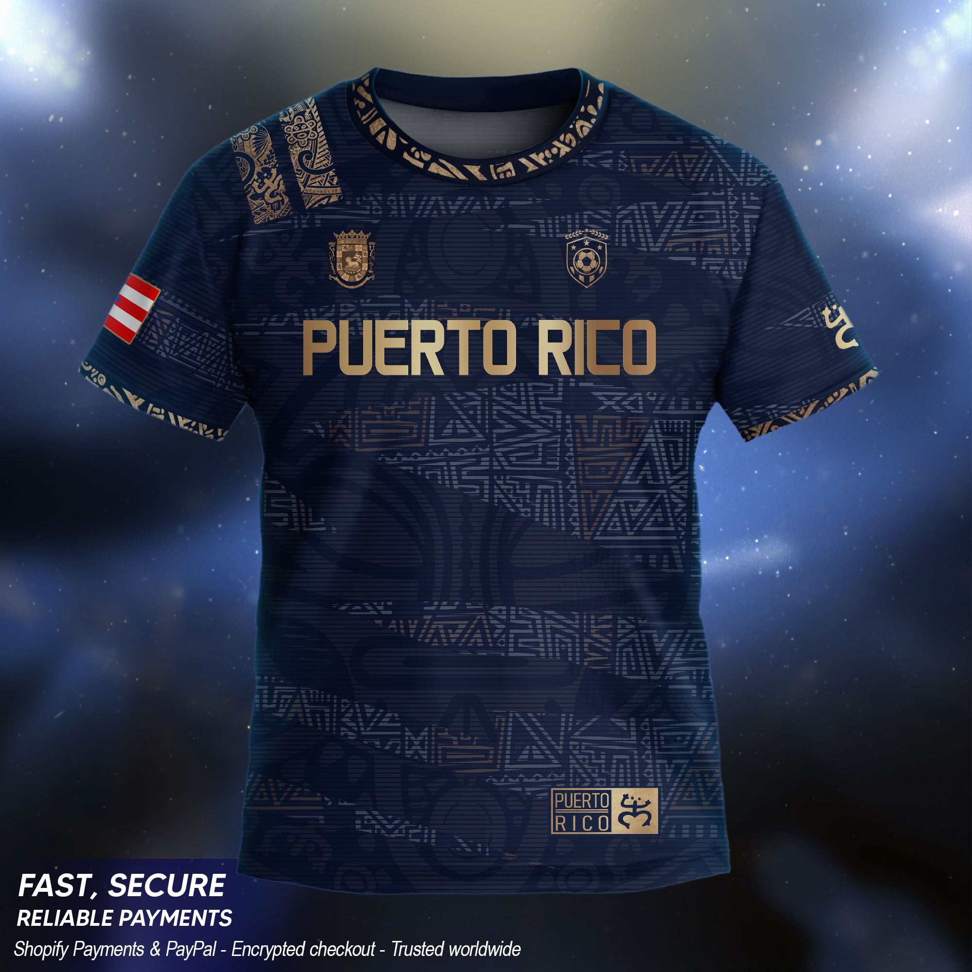 Camiseta de fútbol boricua de herencia nacional con diseño tribal taíno dorado azul marino para niños y jóvenes de Puerto Rico