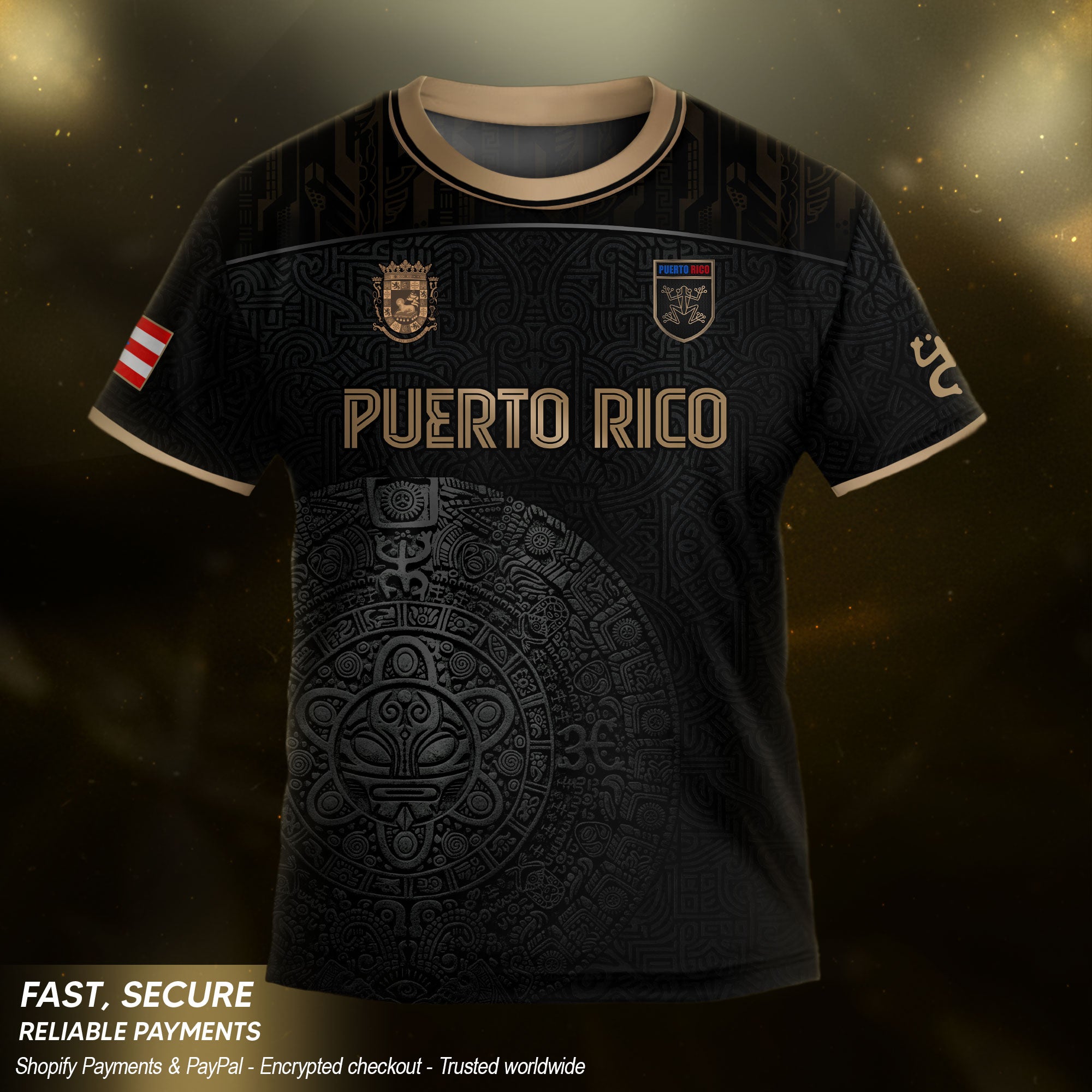 Puerto Rico Kids Youth Black Gold Taino Sun National Heritage Boricua Soccer Jersey