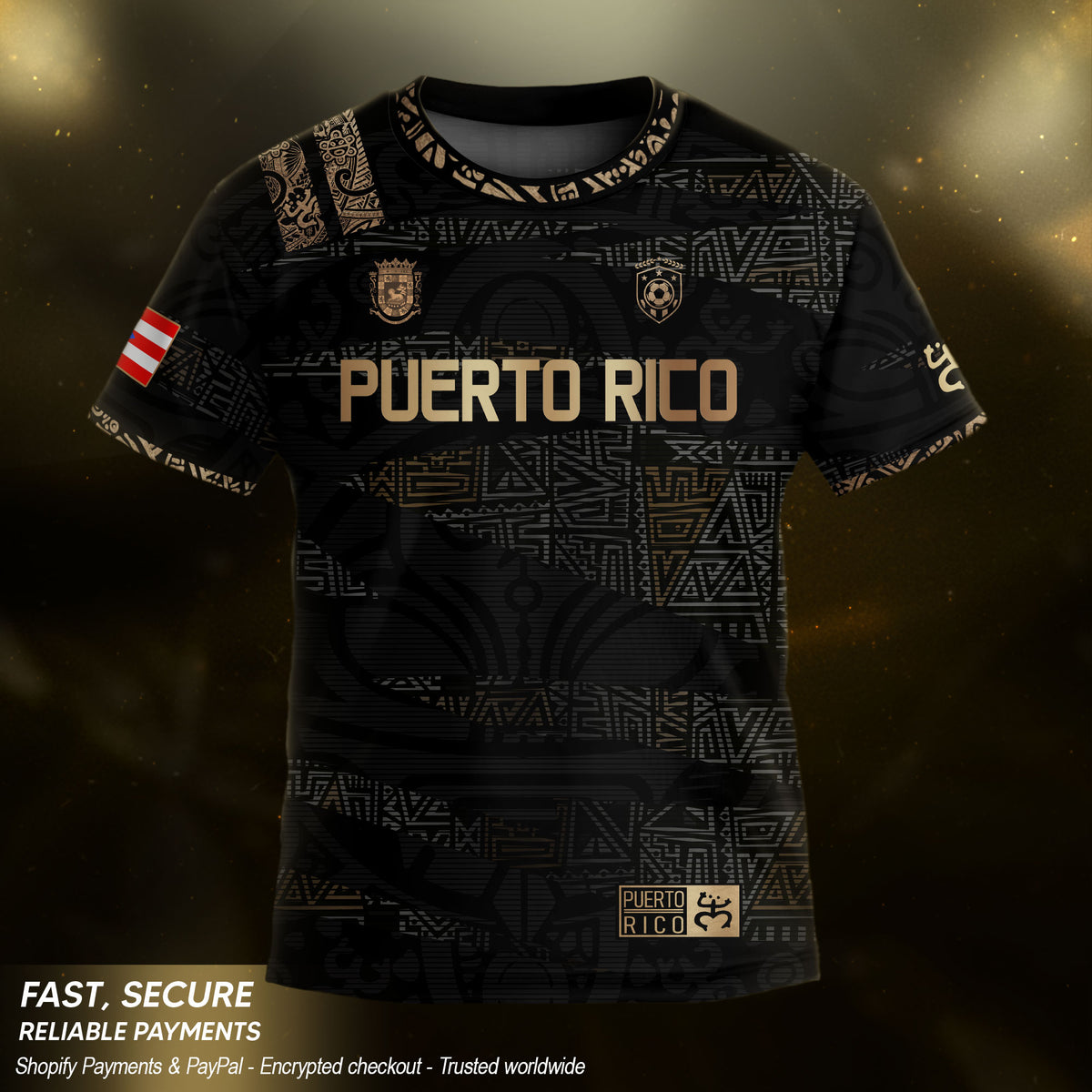 Puerto Rico Kids Youth Black Gold Taino Tribal Pattern National Heritage Soccer Jersey