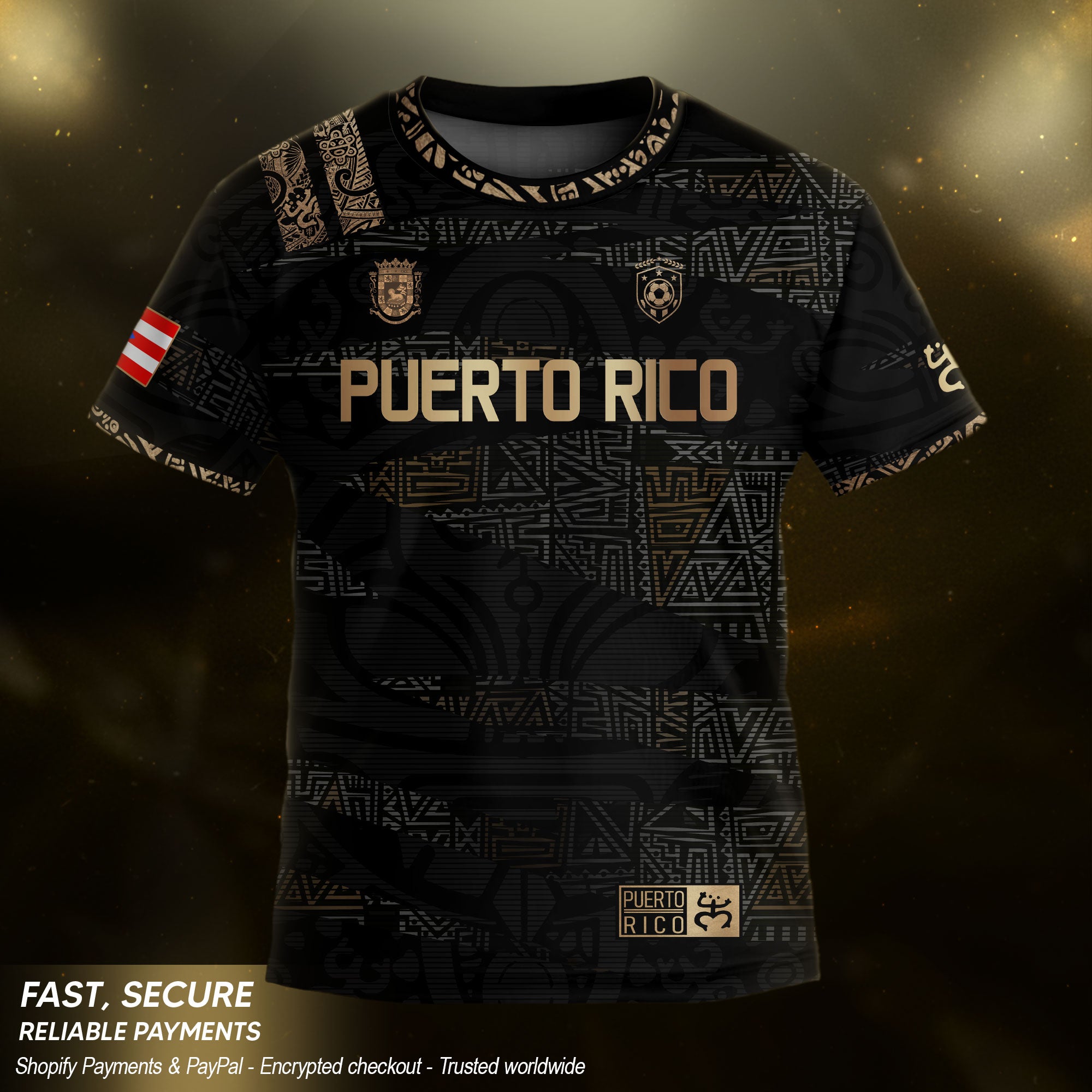 Puerto Rico Kids Youth Black Gold Taino Tribal Pattern National Heritage Soccer Jersey