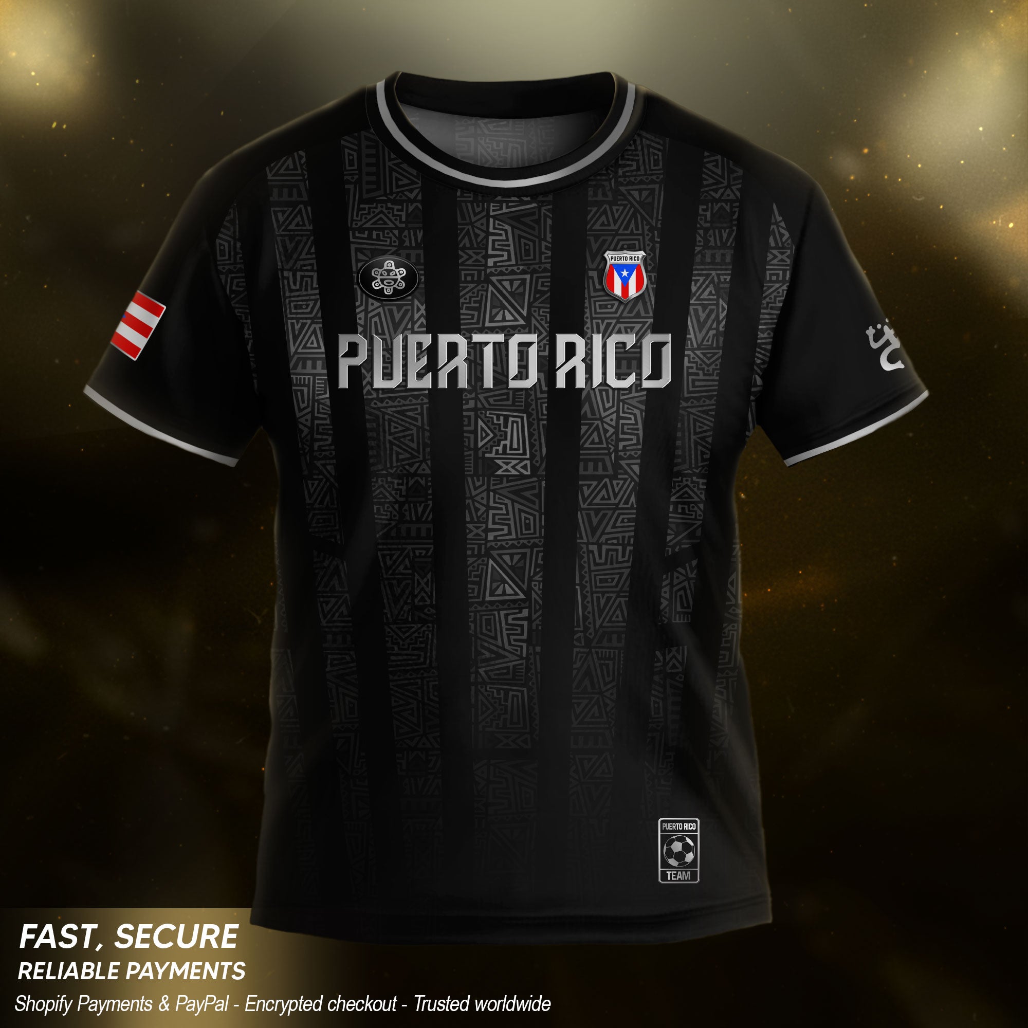 Puerto Rico Kids Youth Black Silver Taino Tribal Vertical Stripes Heritage Soccer Jersey