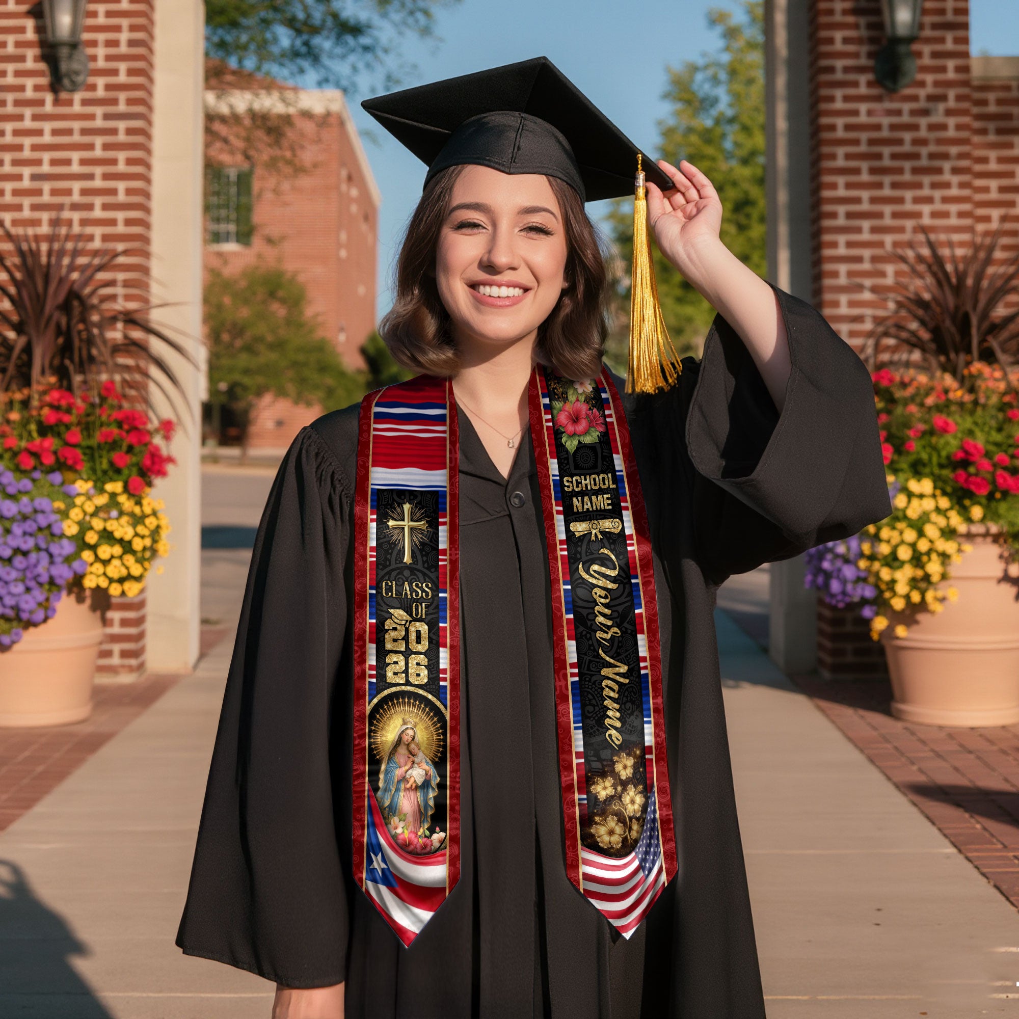 Custom Graduation Stole Class of 2026 Puerto Rico Virgin Mary Personalized Name Sash