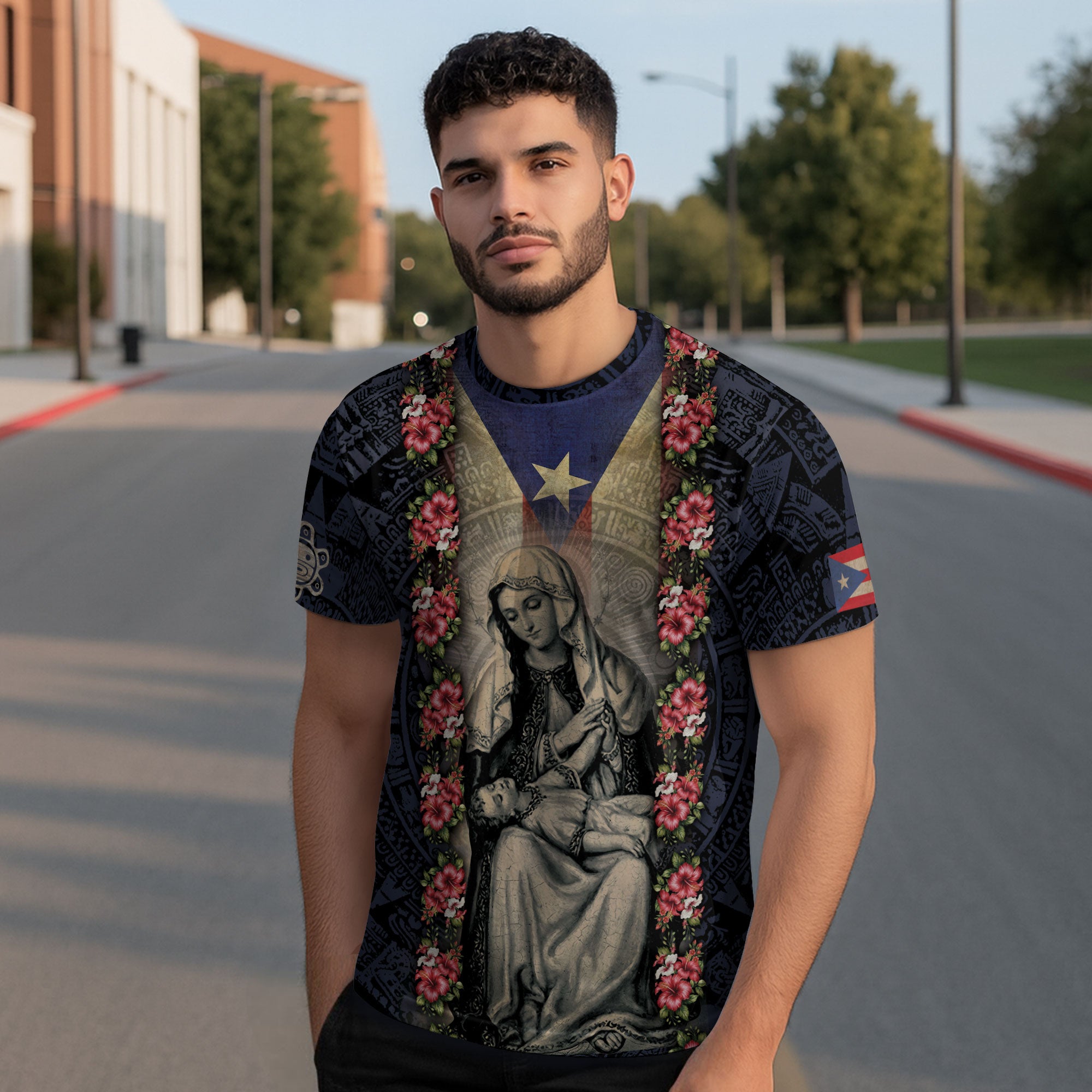 Puerto Rico Virgin Mary Hibiscus Taino Heritage Pride Religious Catholic Shirt