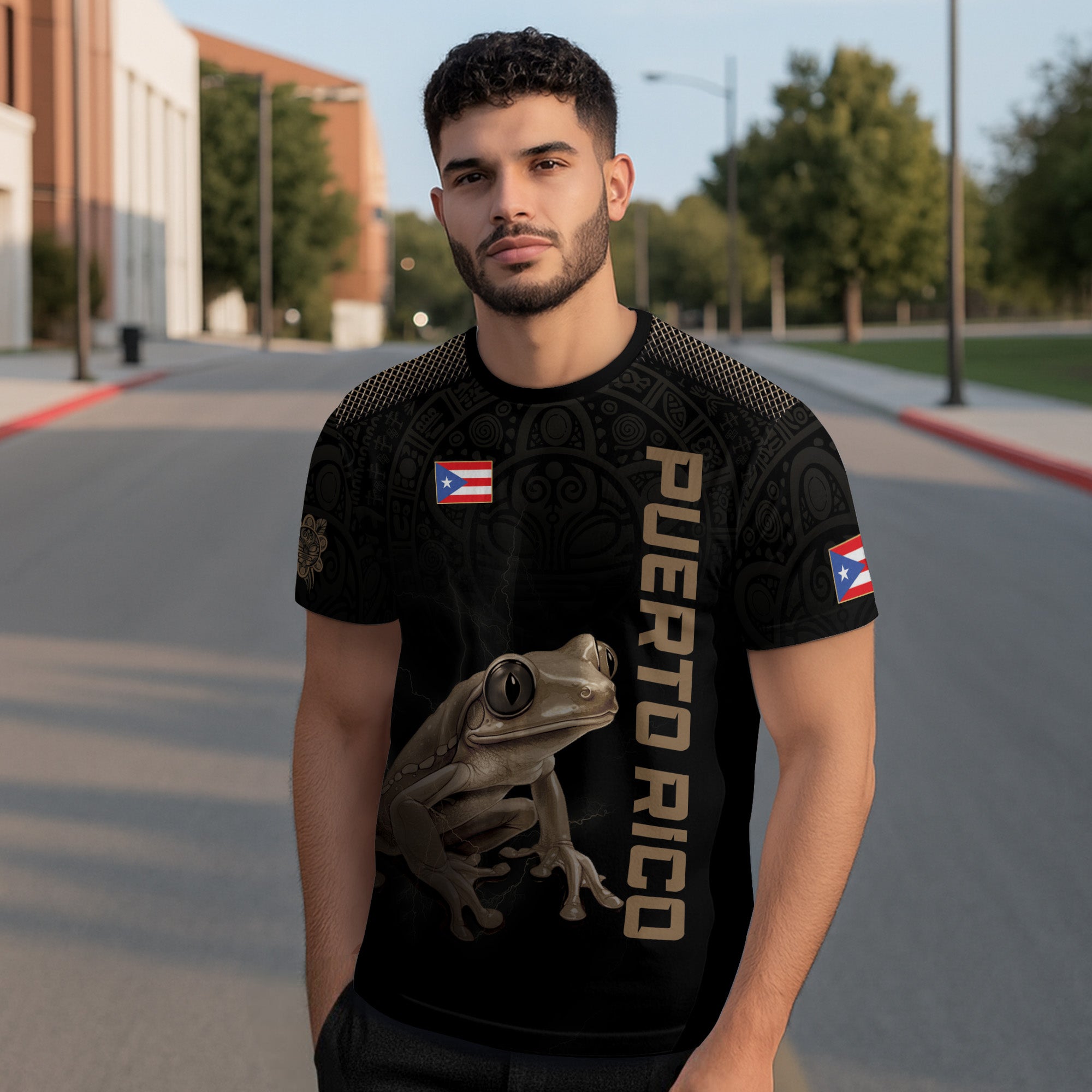 Puerto Rico Coqui Frog Taino Heritage Pride Boricua Tribal Camisa Dorada Negra
