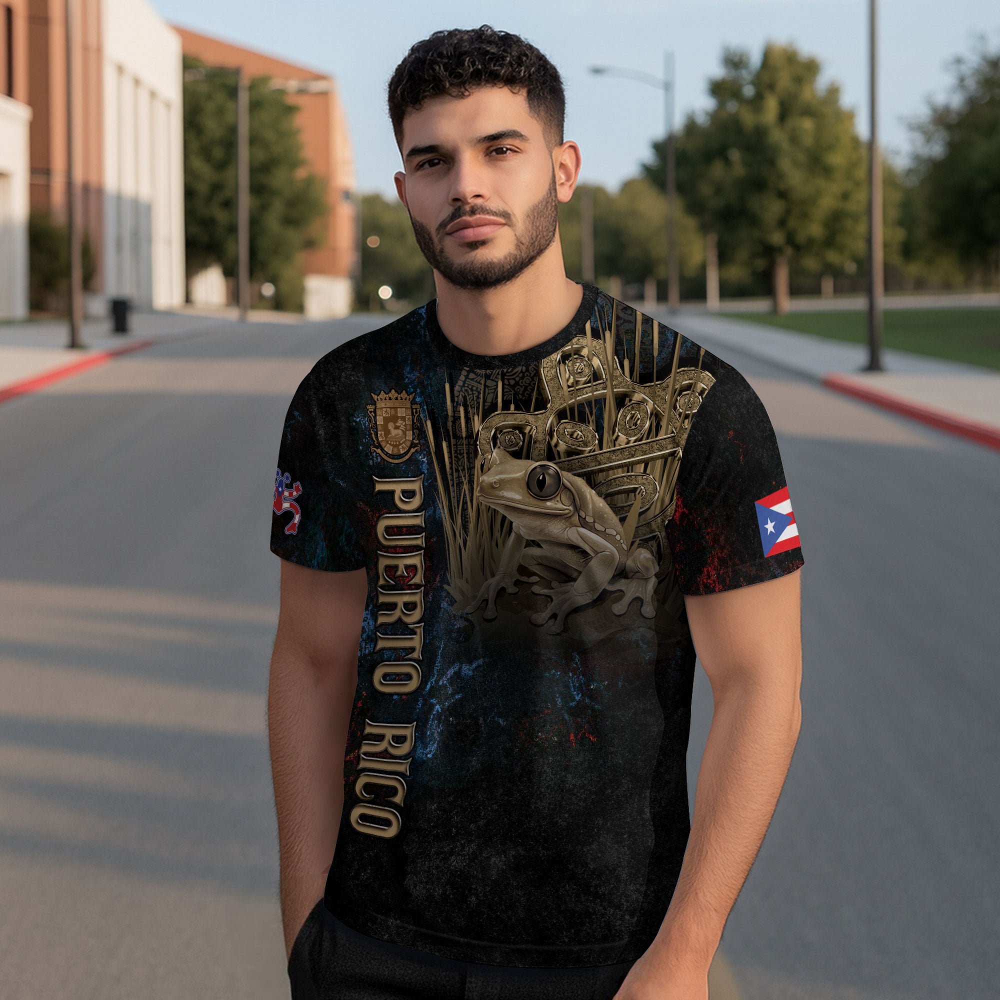 Puerto Rico Coqui Frog Taino Heritage Boricua Pride Gold Emblem Black Shirt