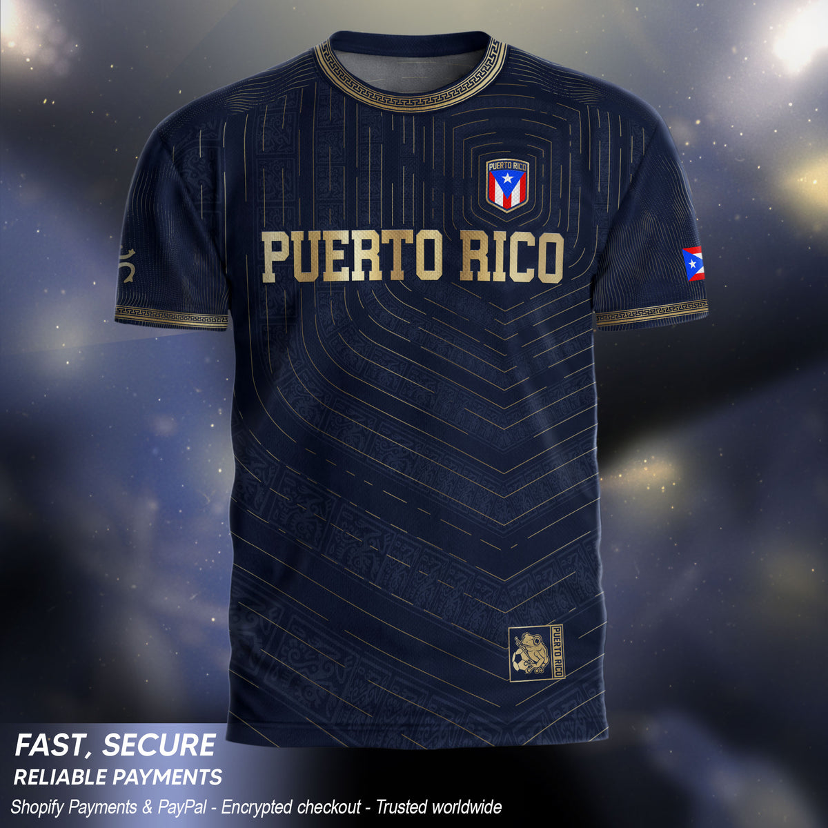 Puerto Rico Boricua Coqui Frog Taino Tribal National Soccer Jersey Navy Gold