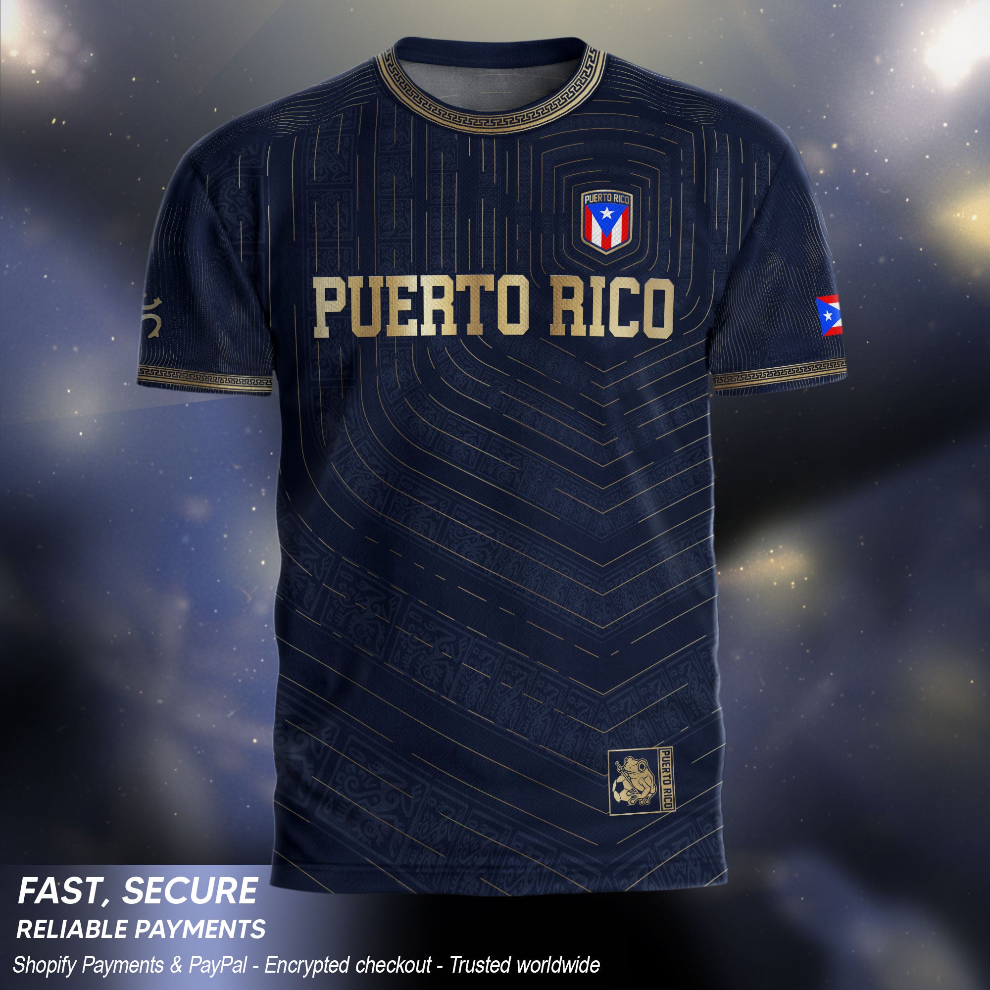 Puerto Rico Boricua Coqui Frog Taino Tribal National Soccer Jersey Navy Gold