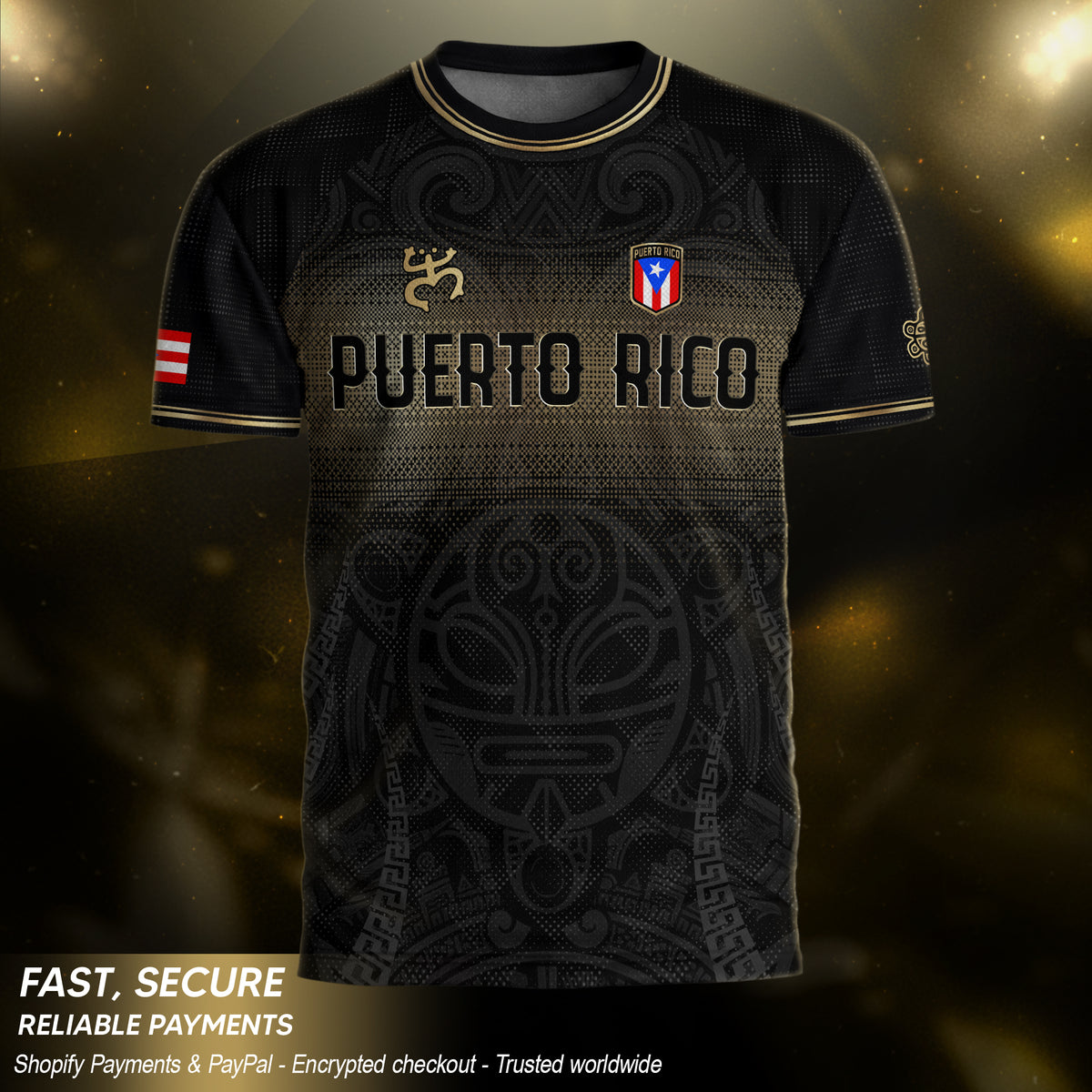 Puerto Rico Boricua Coqui Frog Taino Tribal National Soccer Jersey Black Gold