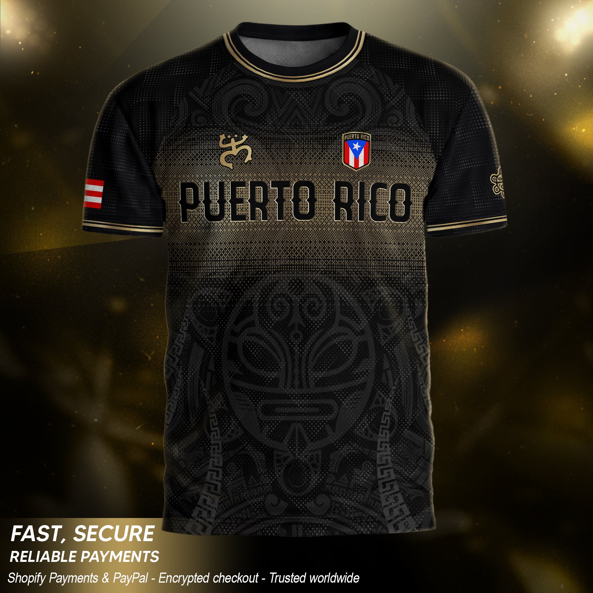 Puerto Rico Boricua Coqui Frog Taino Tribal National Soccer Jersey Black Gold