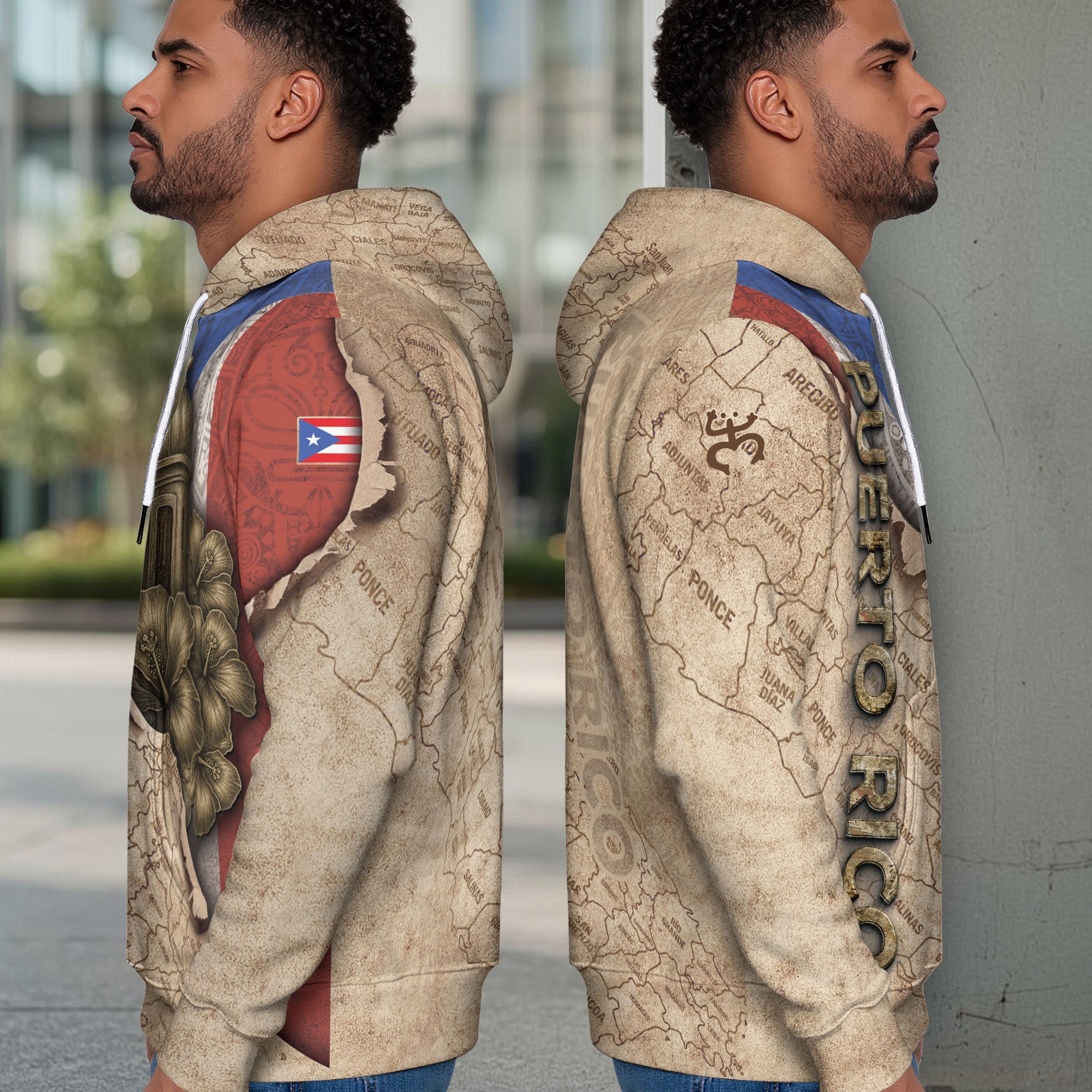 Puerto Rico Culture Map Coqui Frog Garita Boricua Pride Heritage Beige Mens Hoodie
