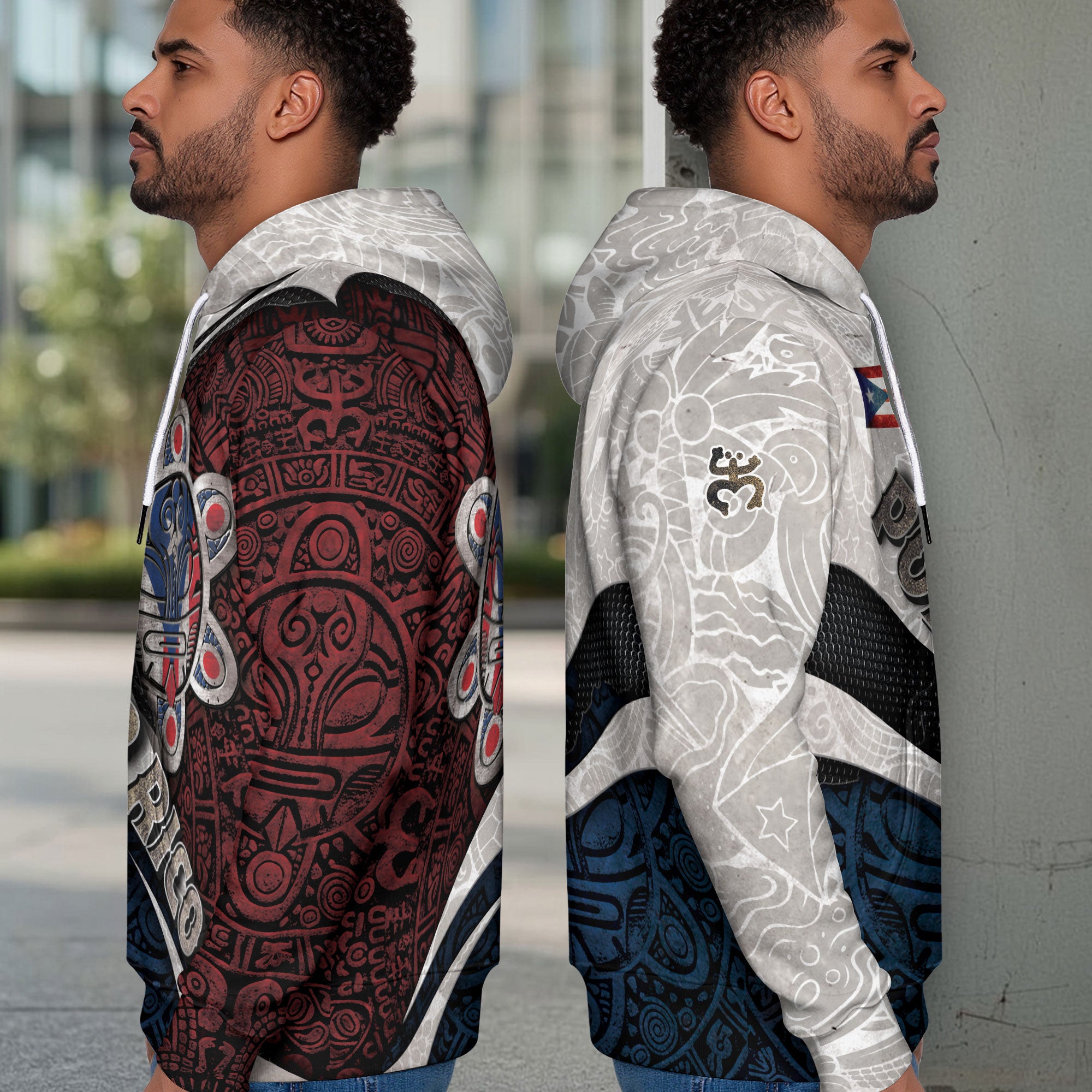 Puerto Rico Boricua Taino Sun Mask Tribal National White Red Blue Pride Hoodie