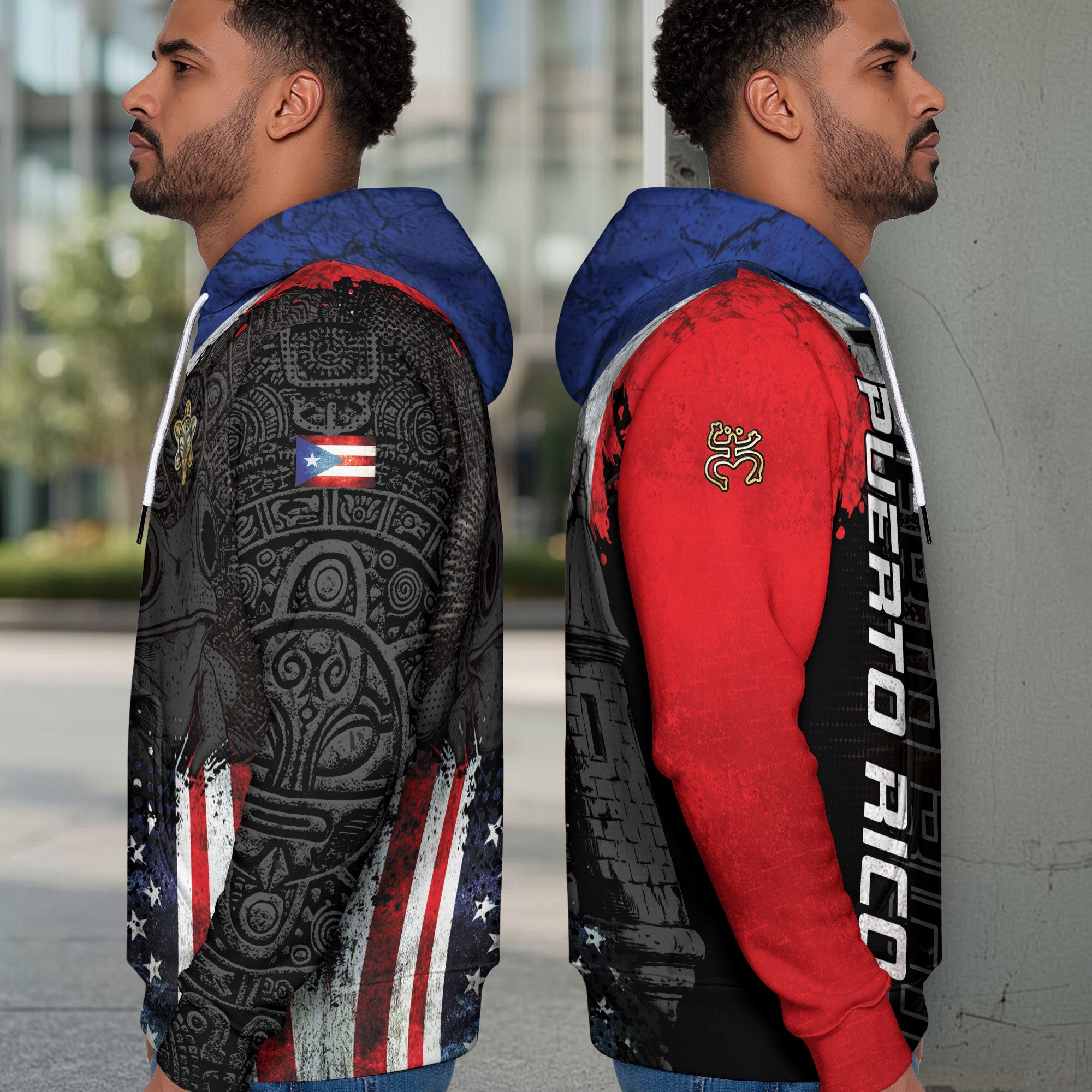 Puerto Rico Flag Coqui Frog El Morro Boricua Tribal Black Red Blue Heritage Hoodie