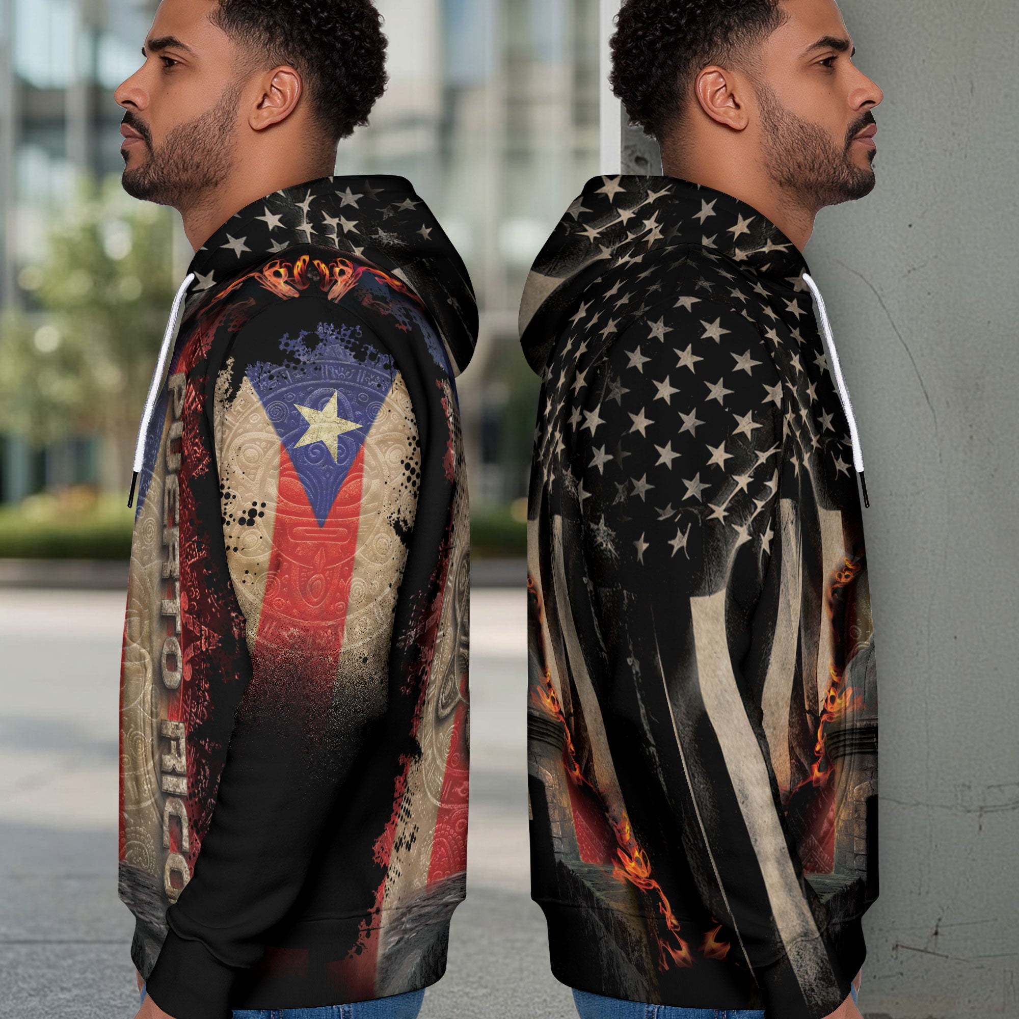 Puerto Rico USA Flag Boricua El Morro Taino Tribal Black Gold Heritage Hoodie