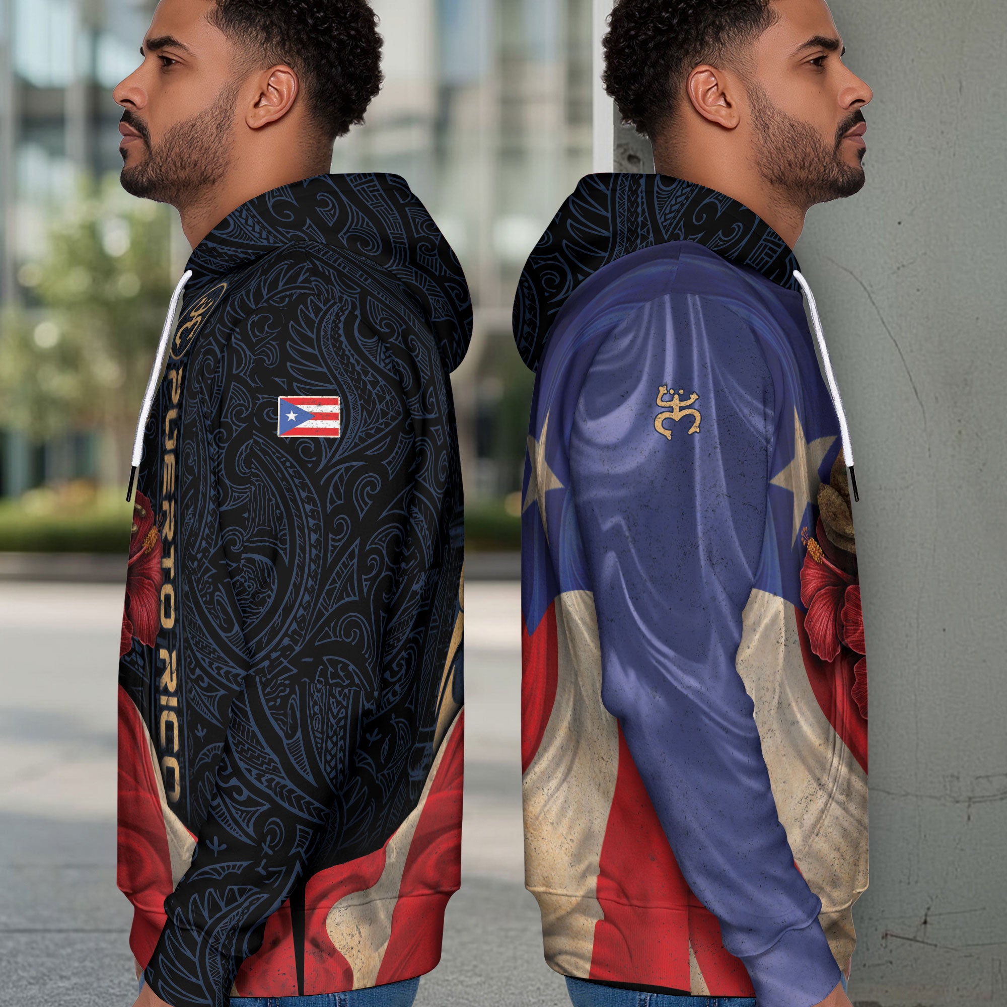 Puerto Rico Flag Boricua Coqui Frog Hibiscus Flower Taino Tribal Black Gold Hoodie