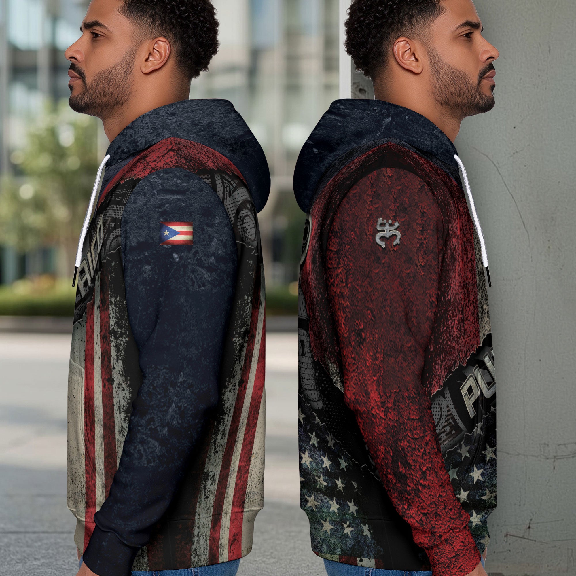 Puerto Rico USA Flag Boricua Taino Tribal Patriotic National Blue White Red Hoodie