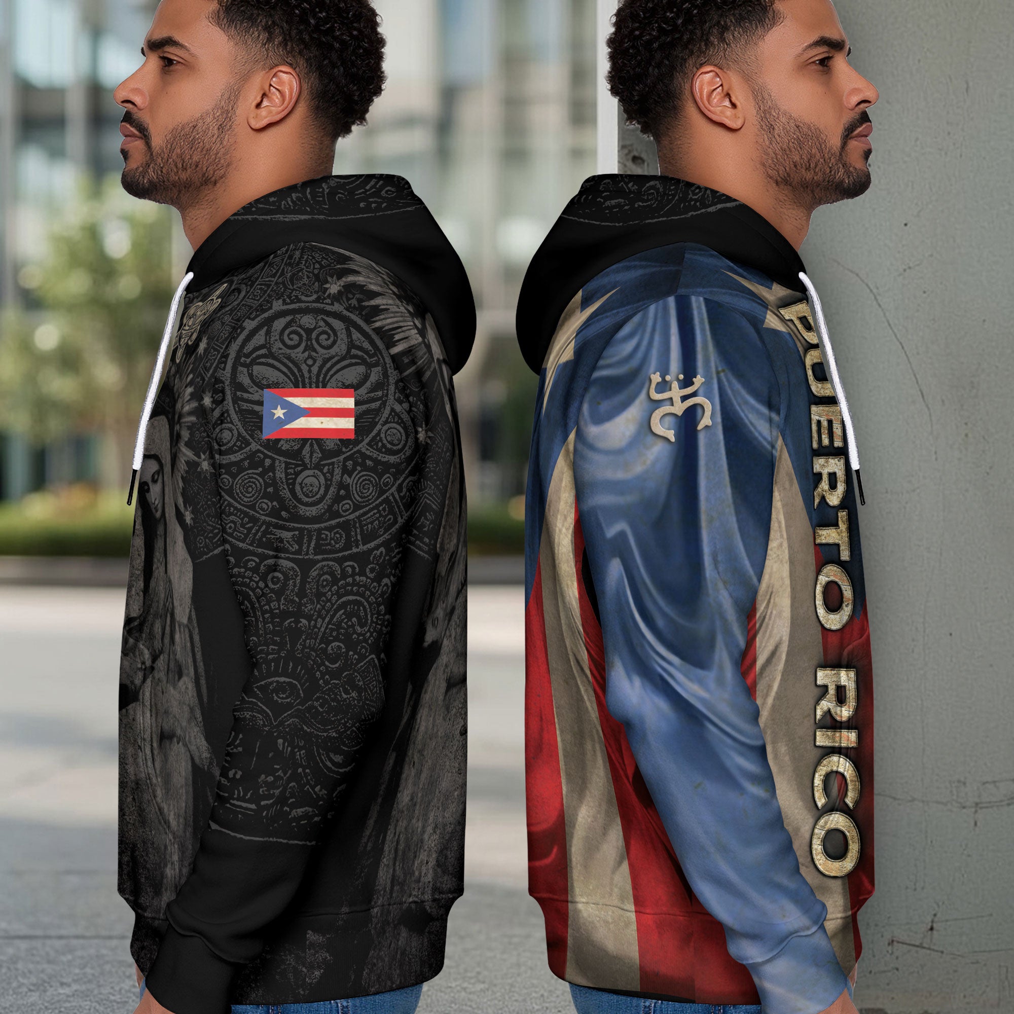 Puerto Rico Flag Boricua Virgin Mary Blessed Mother Taino Black Gold Hoodie