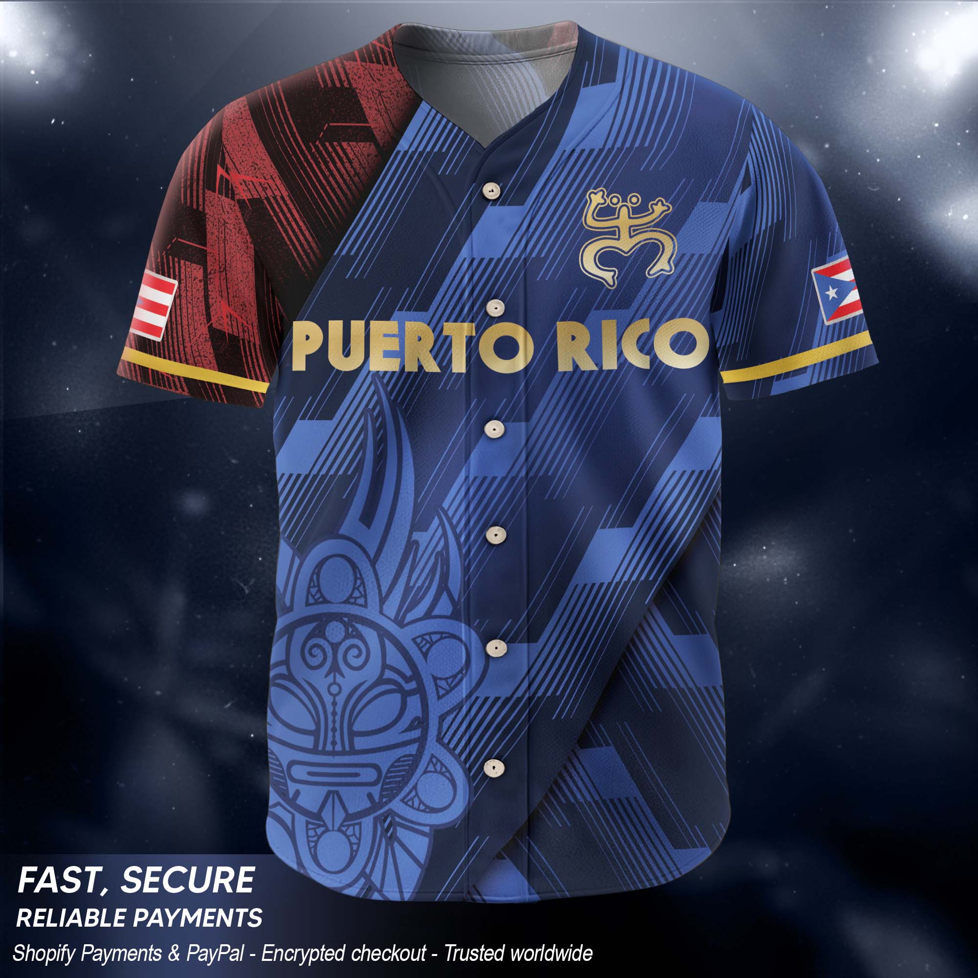Puerto Rico Boricua Navy Blue Gold Tribal Sun National Heritage Baseball Jersey